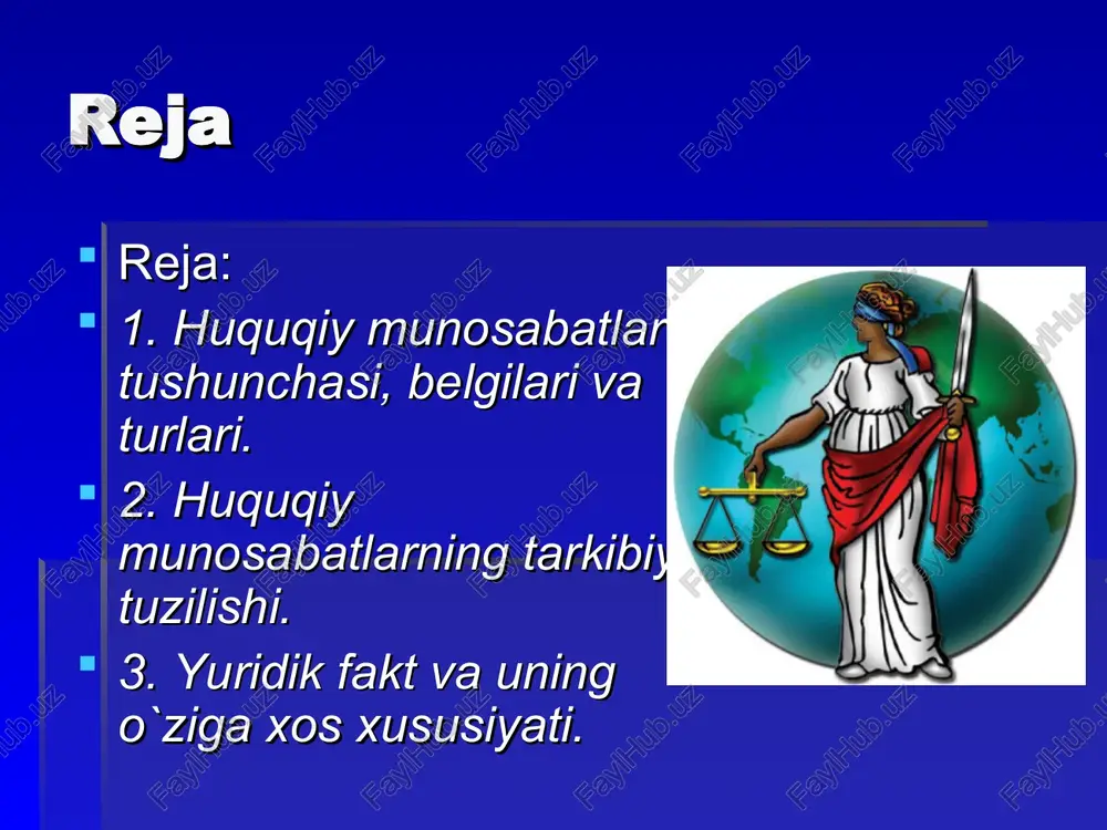 o`rtasidagi subyektiv huquq va yuridik majburiyatlar vositasidagi aloqalardir. bu aloqalarning aloxida shakli, obyektiv huquq normalarida mustaxkamlangan huquq va majburiyatlar orqali namoyon bo`ladi. subyektiv huquq egasi – shaxs, huquq majburiyat egasi, majburiyatli shaxsdir. huquqiy munosabatlarda vakolatli shaxsga majburiyatli shaxs, boshqa kishimi, tashkilotmi, davlat organi yoki davlatning o`zi bo`lishidan qat`iy nazar, qarama-qarshi turadi. bu ma`noda huquqiy munosabatlar indivuallashtirilgan aloqalardir. huquq tizimi huquq tizimi jamiyatning iqtisodiy tuzilishidan paydo bo‘lib, u bilan bog‘liq bo‘lgan, uning mustahamlaydigan har bir davlatning ichki huquq tuzilishi bo‘lib, kishilar o‘rtasidagi turli ijtimoiy munosabatlarni tartibga soladi. huquq tizimi jamiyatning siyosiy, g‘oyaviy, ma’rifiy, madaniy va boshqa ijtimoiy belgilari bilan bog‘liqdir. hamda huquq tizimi jamiyatning milliy munosabatlari, uning urf —odatlari, barcha xalqning huquqiy ongi huquqiy madaniyatligi va davlatning huquq ijodkorlik faoliyatiga borliqdir. huquq tizimi jamiyatdagi barcha sinf, millat, tabaqa va xalqning qonun darajasida ko‘tarilgan erki —irodasi bo‘lib, ular o‘rtasidagi turli ijtimoiy munosabatlarni tartibga soluvchi huquq normalari, huquq institutlari va huquq sohalaridan iborat …