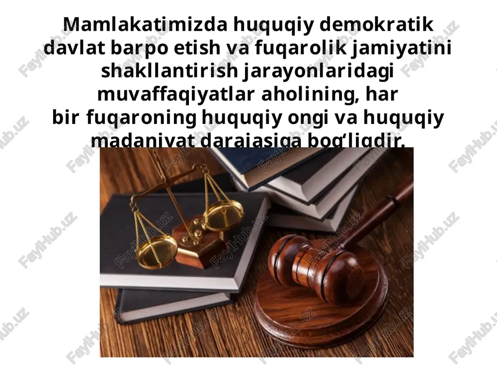jamoat va fuqarolik jamiyatlari institutlari hamkorlikda jamiyatda huquqiy ong va huquqiy madaniyatni yuksaltirish bo‘yicha amalga oshirishlari lozim bo‘lgan ishlar ham farmonda belgilab berilgan. jamiyatda huquqiy ong va huquqiy madaniyatni yuksaltirish “shaxs – oila – mahalla – ta'lim muassasasi – tashkilot– jamiyat” prinsipi bo‘yicha tizimli va uzviy tashkil etilishi ham farmonda belgilab qo‘yilgan. jamiyatda huquqiy ong va huquqiy madaniyatni yuksaltirish sohasida muvofi qlashtiruvchi davlat organi etib o‘zbekiston respublikasi adliya vazirligi belgilangan. farmonda o‘zbekiston respublikasi maktabgacha ta'lim, xalq ta'limi, oliy va o‘rta maxsus ta'lim vazirliklari, adliya vazirligi bilan birgalikda tarbiyalanuvchilar, o‘quvchilar va talabalarning huquqiy savodxonligini oshirishga qaratilgan mexanizmlar joriy etish borasidagi chora-tadbirlar belgilangan. huquqiy ta’lim, tarbiya, targ‘ibot, tashviqot borasidagi davlat tomonidan yaratilgan shart-sharoitlardan unumli foydalanish va o‘z huquqiy ongi ni o‘stirib, huquqiy madaniyatini shakllantirish mamlakatimizning har bir fuqarosining burchidir. savol va topshiriqlar: 1. huquqiy ong nima? 2. huquqiy madaniyat deganda nimani tushunasiz? uning inson hayotida qanday ahamiyati bor? 3. huquqiy madaniyatni shakllantirishda …