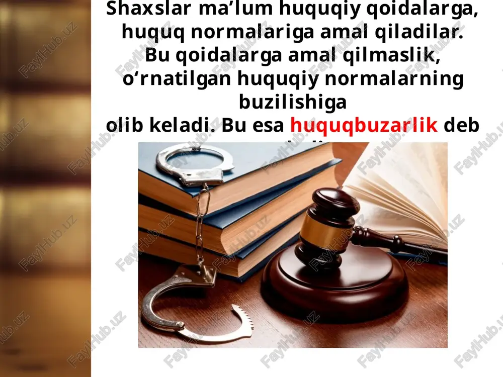 zilishi. jinoiy huquqbuzarlik - jinoyat sodir etish, ya’ni o‘g‘rilik, talonchilik, odam o‘ldirish, ichki ishlar xodimiga qarshilik ko‘rsatish va boshqalar. ma’muriy huquqbuzarlik - qonunga binoan ma’muriy javobgarlikka tortish nazarda tutilgan, fuqarolarga, tabiiy muhitga nisbatan (qasddan yoki ehtiyotsizlikdan) sodir etilgan harakat yoki harakatsizlik. har qanday shaxs ham huquqbuzar deb tan olinavermaydi. huquqbuzarlik sub yekti deb tan olinishi uchun shaxs o‘z qilmishiga javob bera oladigan, aqli raso bo‘lishi shart. savol va topshiriqlar: 1. huquqbuzarlik tushunchasiga ta’rif bering. 2. huquqbuzarlikning qanday belgilari mavjud? 3. ijtimoiy xavfl ilik qanday holatlarda vujudga kelishi mumkin? 4. huquqqa zidlik atamasini qanday tushunasiz? 5. ayblilik nima degani? 6. jazolanish, javobgarlik va jazo tushunchalariga oydinlik kiriting. 7. huquqbuzarlikning qanday turlari mavjud? 8. intizomiy huquqbuzarlik bilan fuqarolik huquqbuzarligi, ma’muriy huquq buzarlik bilan jinoiy huquqbuzarlik o‘rtasidagi farqlarni bayon qiling. 9. sizning fikringizcha, huquqbuzarlikning qaysi turlari eng og‘ir hisoblanadi? nima uchun? 10. huquqbuzarliklarga yo‘l qo‘ymaslik uchun qanday choralar ko‘rilishi kerak deb hisoblaysiz? image1.jpg …