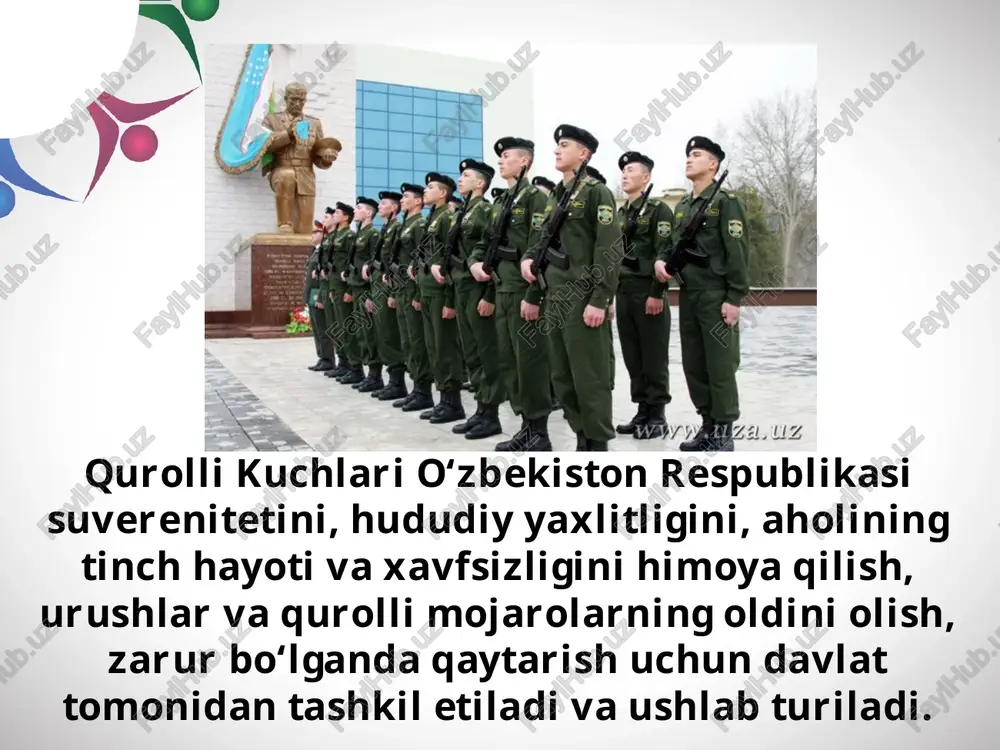 shga yaroqli fuqarolar chaqiriladilar. qurolli kuchlar tizimida yoshlar ittifoqi birlamchi bo‘linmalari tuzildi. bu vazifalarning bajarilishini ta’minlash maqsadida “yoshlarni harbiy vatanparvarlik ruhida tariyalash to‘g‘risida”gi vazirlar mahkamasining 2018-yil 23- fevraldagi qarori qabul qilindi. yoshlarni harbiy vatanparvarlik ruhida tarbiyalash konsepsiyasining mazmunini ona vatanimizni ko‘z qorachig‘idek asrash, uning shuhratini dunyoga tarannum etish, o‘zbekistonning haqiqiy vatanparvar fuqarolarini voyaga yetkazish tashkil etadi. yoshlarni harbiy vatanparvarlik ruhida tarbiyalash konsepsiyasida belgilanganidek, o‘z tanlagan kasbingizni puxta egallashingiz va yetuk mutaxassis bo‘lib, yetishish uchun bo‘sh vaqtni mazmunli o‘tkazishingiz lozim. savol va topshiriqlar: 1. qurolli kuchlar qanday davlat tashkiloti hisoblanadi? 2. qurolli kuchlar tarkibi nimalardan iborat? 3. qurolli kuchlarga rahbarlikni kim amalga oshiradi? 4. kimlar harbiy xizmatga chaqiriladi? 5. yoshlarni harbiy vatanparvarlik ruhida tarbiyalash konsepsiyasi nima maqsadda qabul qilindi? 6. konsepsiyaning bosqichlari va vazifalarini izohlab bering. 7. amir temur qaysi shartlar asosida yigitlarni navkarlikka tanlab olgan? 8. siz vatanni himoya qilish va haqiqiy askar bo‘lish uchun o‘zingizni qanday tayyorlashingiz kerak? image2.jpeg …
