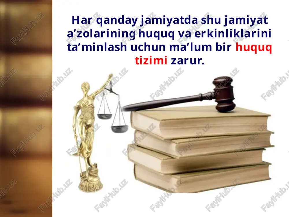ladigan barcha munosabatlar tartibga solinadi. yuqorida atalgan tarmoqlar davlatning ichki huquq tizimini tashkil qiladi. bundan tashqari xalqaro huquq tizimi ham mavjud bo‘lib, bu huquq tizimi normalari davlatlar, xalqaro tashkilotlar va boshqa subyektlar o‘rtasidagi huquqiy munosabatlarni tartibga soladi. xalqaro huquq tizimi quyidagi tarmoqlarni o‘z ichiga oladi: xalqaro ommaviy huquq, xalqaro xususiy huquq, xalqaro tash kilotlar huquqi, xalqaro xavfsizlik huquqi, diplomatiya va konsullik huqu qi, xalqaro dengiz huquqi va boshqalar. huquq institutlari – bu o‘zaro bog‘langan, bir turdagi ijtimoiy munosa batlarni tartibga soluvchi huquqiy normalar guruhidan iborat. konstitutsiyaviy huquq sohasida prezidentlik, fuqarolarning huquq va erkinliklari instituti, jinoyat huquqi sohasida – javobgarlik instituti, oila huquqida – nikoh instituti va boshqalar. bu huquq institutlari huquq sohasining ichki tar kibiy qismidir. huquq institutlari birlashib, huquq sohasini tashkil etadi. ya’ni huquq institutlari huquq sohalarining tarkibiy qismidir. savol va topshiriqlar: 1. huquq tizimini sohalarga ajratish nima uchun zarur? 2. huquqiy tartibga solish predmeti nima? 3. huquqiy tartibga …