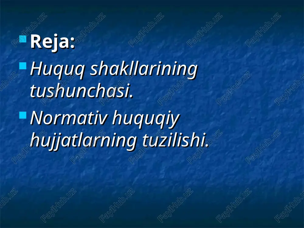 ning huquqiy odatlaridan to hozirga qadar bizga yetib kelgan xii jadval qonuni, manu drakond qonuni, rus pravdasi (haqiqati) va boshqalar. sud yoki ma’muriy pretsent —bu avval sud yoki ma’muriy organlar ko‘rgan ishlarga, qarab tegishl ishlarni hal qilishdir. huquqning bu shakli qozirgi vaqtda angliya, aqsh, kanada va boshqa davlatlarning hukuq tizimida ishlatiladi. o‘zbekiston hukuk tizimida sud yoki ma’muriy protsent ishlatilmaydi. huquqning uchinchi shakli —bu normativ huquqiy aktlar bulib, hozirgi zamon davlatlarning huquq tizimida keng ishlatiladi. 2. normativ huquqiy xujjatlarning turlari. normativ huquqiy xujjatlar — bu jamiyatda kishilarning turmush qoidalarini belgilaydi, o‘zgartiradi va bekor qiladi. o‘zbekistonda asosan huquq shakllaridan normativ hujjatlar harakat qiladi. bu orqali barcha xalqning erki — qonun darajasiga ko‘tariladi. bularni bajarish barcha kishilar uchun umummajburiydir. normativ huquqiy hujjatlarga o‘zbekiston respublikasining konstitutsiyasi, turli qonunlar, tur xalqaro shartnomalar kiradi. normativ huquqiy hujjatlarning belgilari quyidagilardan iborat: 1. normativ huquqiy hujjatlarda yangi normalar o‘rnatiladi, amaldagisi o‘zgartiriladi yoki bekor qilinadi. shuning uchun ular hukuqiy …