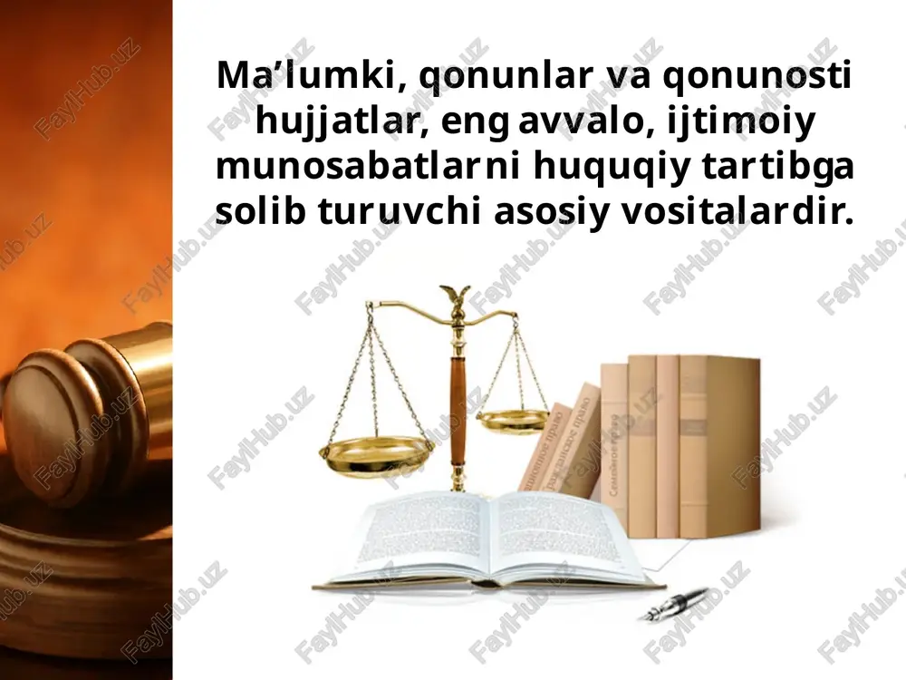 uyidagi tartibda kuchini yo‘qotadi: 1) rasman e’lon qilinganidan ma’lum muddat o‘tgach; 2) qonunda yoki maxsus hujjatda ko‘rsatilgan vaqtdan boshlab. 1) qonunning o‘zida ko‘rsatilgan muddat tugagan bo‘lsa; 2) ushbu qonun bekor qilinishi natijasida. o‘zbekiston respublikasi prezidenti davlat boshlig‘i sifatida farmonlar, farmoyishlar va qarorlar chiqaradi. ular o‘zbekiston respublikasining konstitutsiyasi va qonunlariga zid kelmasligi kerak. o‘zbekiston respublikasi vazirlar mahkamasining qarorlari xo‘jalik va ijtimoiy hayotning eng muhim masalalari bo‘yicha qabul qilinadi. savol va topshiriqlar: 1. o‘zbekistonda huquq manbalari nimalardan iborat? 2. xalqaro huquqiy manbalar nimalarni o‘z ichiga oladi? ular nima uchun kerak? 3. o‘zbekiston respublikasi qonunlari qanday asosiy guruhlarga bo‘linadi? 4. o‘zbekiston respublikasi konstitutsiyasining qanday alohida ahamiyati bor? bunga sabab nima? 5. konstitutsiyaviy qonunlar va oddiy qonunlar orasida qanday umumiylik va qanday farqlar bor? 6. qoraqalpog‘iston respublikasining qonunlari qaysi hududda amal qiladi? 7. qonun qaysi vaqtdan boshlab kuchga kiradi va qaysi hollarda o‘z kuchini yo‘qotadi? 8. qonun zamonda va makonda amal qiladi deganda nimani …