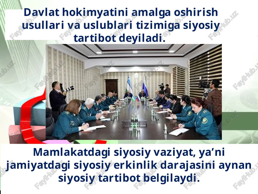 demokratik saylovda g‘alaba qilgan siyosiy partiyalar hukumatni tuzish va o‘z siyosatini o‘tkazish huquqiga ega bo‘ladilar. demokratiyaga zid tartibot – nodemokratik tartibot deb ataladi. bunday tartibotda davlat idoralari demokratik tamoyillar va qoidalarga rioya etmaydilar. davlat boshqarishini amalga oshirish maxsus idoralar tomonidan amalga oshiriladi va bu idoralar huquqshunoslik fanida davlat organlari deyiladi. davlat organlari quyidagi turlarga bo‘linadi: a) vakillik organlari: qonun chiqaruvchi, mahalliy xalq deputatlari kengashlari; b) ijroiya organlari: davlat boshlig‘i (prezident, monarx), hukumat, vazirlik va davlat qo‘mitalari, huquqni muhofaza qiluvchi idoralar (prokuratura, ichki ishlar vazirligi va uning organlari, adliya vazirligi va boshqalar); d) mahalliy ijroiya organlari (viloyat, tuman va shahar hokimliklari); e) sud va konstitutsiyaviy nazorat idoralari: konstitutsiyaviy sud, oliy sud va uning viloyat (shahar bo‘g‘inlari). savol va topshiriqlar: 1. siyosiy tartibot nima? 2. siyosiy tartibot turlarini aytib bering. 3. “demokratiya” so‘zining lug‘aviy ma’nosi bilan “demokratiya” atamasining mohiyatini taqqoslang. 4. demokratik tartibotning asosiy belgilarini sanab bering. 5. demokratik tartibot hukm surayotgan …