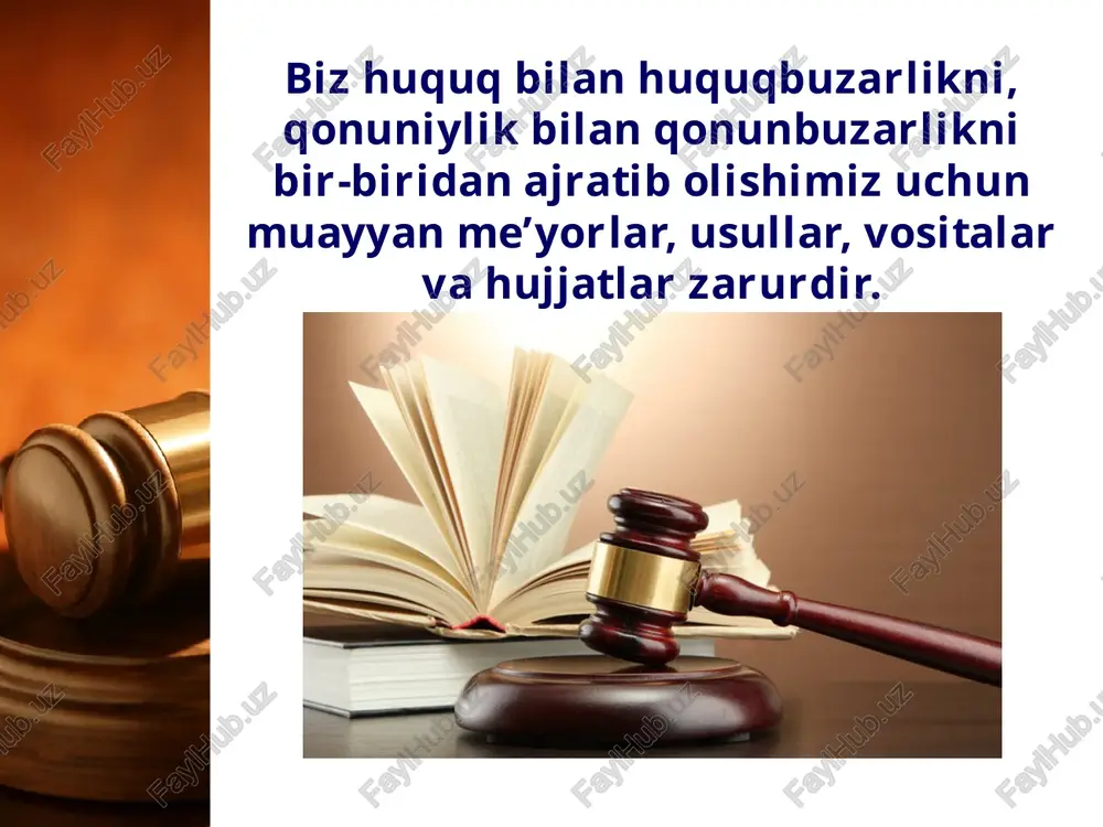 mahrum qilish bilan jazolanadi” qismi esa sanksiyaga misol bo‘la oladi. ayrim qonun hujjatlarida huquq normasi bu uch tarkibiy elementdan emas, balki 2 ta tarkibiy elementdan tashkil topgan bo‘lishi ham mumkin. huquq normasining quyidagi belgilari mavjud: – davlatning (xalqning) irodasini aks ettiradi; – davlat tomonidan normativ hujjatlarda aks ettiriladi; – davlat tomonidan muhofaza qilinadi, zarur bo‘lgan hollarda davlatning majburlov kuchi bilan ta’minlanadi; – jamiyat va davlat nuqtai nazaridan eng muhim bo‘lgan ijtimoiy munosabatlarni mustahkamlaydi. o‘zbekiston respublikasi mustaqillikka erishganidan buyon ko‘pgina xalqaro huquqiy hujjatlarga qo‘shildi. huquqiy normalarga misol qilib xalqaro huquqiy hujjatlarni ham keltirish mumkin. quyida biz kundalik hayotimizda ta’sir ko‘rsatadigan ayrim muhim xalqaro huquqiy hujjatlar ro‘yxatini taqdim qilamiz: – inson huquqlari umumjahon deklaratsiyasi; – bola huquqlari to‘g‘risidagi konvensiya; – iqtisodiy, ijtimoiy va madaniy huquqlar to‘g‘risidagi xalqaro pakt; – fuqarolik va siyosiy huquqlar to‘g‘risidagi xalqaro pakt; – texnik va kasb ta’limi bo‘yicha konvensiya; – rivojlanish huquqi to‘g‘risidagi deklaratsiya; – xalqaro madaniy hamkorlik …