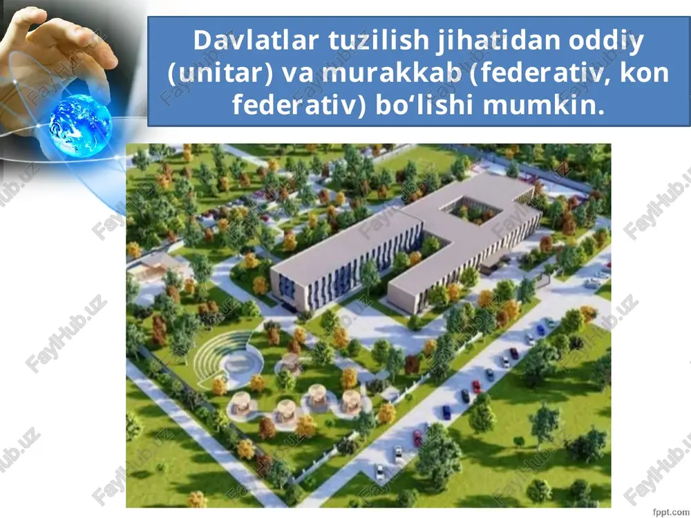 i ifoda etadi. hozirda jahonda 20 tadan ko‘proq federativ davlatlar mavjud. federat siya va uning subyektlari o‘rtasidagi munosabatlar har doim ham ijobiy bo‘lavermaydi. konfederatsiya (lotincha – ittifoq, uyushma) – suvereniteti va mustaqilligini saqlab qolgan holda biror-bir maqsadga erishish uchun birlashgan davlatlar ittifoqi. davlatlar u yoki bu maqsadni ko’zlab, o‘z suvereniteti va mustaqilligini saqlagan holda birlashishlari ham mumkin. u holda bunday ittifoq konfederatsiya deyiladi. konfederatsiyada yagona hudud, yagona fuqarolik bo‘lmaydi. har bir davlat xalqaro huquqning teng huquqli subyekti bo‘ladi. konfederatsiya belgilari quyidagilardan iborat: ♦ mustaqil davlatlar muayyan maqsadlarga erishish uchun birlashadi; ♦ konfederatsiya mustahkam bo‘lmagan tuzilma; ♦ yagona hudud mavjud bo‘lmaydi (konfederatsiyaning hududi uning a’zolari bo‘lgan davlatlar hududidan tashkil topadi); ♦ umumiy fuqarolik mavjud bo‘lmaydi; ♦ konfederatsiya a’zolari undan erkin chiqish huquqiga ega bo‘ la dilar; ♦ konfederatsiya a’zolari ittifoq hokimiyati qonun hujjat larini e’tirof etmaslik yoki qo‘llamaslik (nulifi katsiya qilish) huquqiga ega bo‘ladilar. ♦ konfederatsiya vakolatiga uncha ko‘p bo‘lmagan masa …