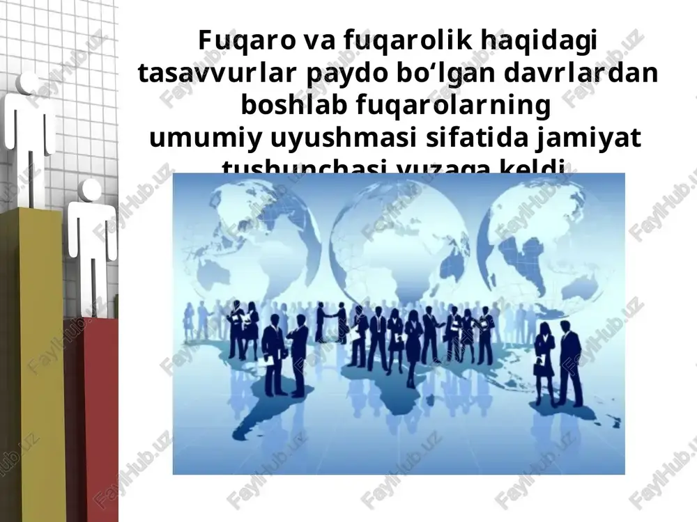 iy qarama-qarshiliklarni qonun doirasida yechish imkoniyatlari, aholi fikrini o‘rganish, shakllantirish va ifoda etish uchun shart-sharoitlarning mavjudligi. ma’naviy sohada: so‘z va fi kr erkinligi, vijdon erkinligi, ijodiy uyushmalarning mustaqilligi, ilmiy uyushmalarning mustaqilligi, ma’naviy tahdidlardan himoyalanganlikning ta’minlanganligi. fuqarolik jamiyati, davlatning tazyiqisiz, qonun doirasida vujudga kelgan muayyan kishilik jamiyatining ixtiyoriy o‘zini-o‘zi boshqarishi deb tushuniladi. o‘zbekistonda fuqarolik jamiyatining quyidagi belgilari mavjud: 1. siyosiy partiyalar va ijtimoiy-siyosiy harakatlar. 2. jamoat tuzilmalari. 3. nodavlat notijorat tashkilotlar. 4. ta’lim-tarbiya muassasalari. 5. diniy tashkilotlar. 6. milliy-madaniy markazlar. 7. jamoatchilik fikrini o‘rganish tashkilotlari. 8. oila hamda uning manfaatlarini aks ettiruvchi maxsus tashkilotlar. 9. fuqarolarning o‘zini-o‘zi boshqarish organlari. 10. ommaviy axborot vositalari. 11. demokratik saylov tizimi. o‘zbekistonda fuqarolarining o‘zini-o‘zi boshqarish tuzilmalari mavjud bo‘lib, bunda mahalla alohida ahamiyatga ega. yashash joyidagi milliy o‘zi ni-o‘zi boshqarishning o‘ziga xos modeli bo‘lgan mahalla, xalqimizning asriy an’analari va urf-odatlariga tayanib, muhim tashkiliy-iqtisodiy va tarbiyaviy funksiyalarni bajaradi. bag‘rikenglik va hamkorlikda ish olib borish o‘zbek xalqining mentalitetiga …