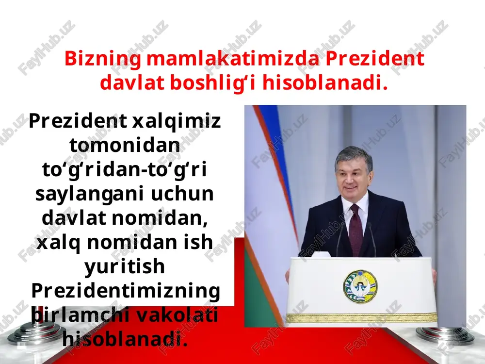 ta’minlanishi hamda o‘zbekiston respublikasi qonunchiligining kafilidir; - mamlakat mustaqilligi va xavfsizligini ta’minlash bo‘yicha choralar ko‘radi; - o‘zbekiston respublikasi nomidan mamlakat ichkarisida va xalqaro miqyosda muzokaralar yuritadi, shartnoma va kelishuvlar imzolaydi hamda ularning bajarilishini ta’minlaydi; - bosh vazir nomzodini oliy majlisga tasdiqlash uchun taqdim qiladi, vazirlar mahkamasi tarkibini tasdiqlaydi; - bosh prokuror va uning o‘rinbosarlarini lavozimga qo‘yadi va lavozimdan bo‘shatadi; - oliy majlis senatiga konstitutsion, oliy sudlar raislari, ularning o‘rinbosarlari, markaziy bank raisi nomzodlarini taqdim qiladi; - o‘zbekiston respublikasi fuqaroligiga qabul qilish va undan chiqarish masalalarini hal qiladi; - davlat mukofotlari va faxriy unvonlar bilan mukofotlaydi; - o‘zbekiston respublikasi prezidenti, shuningdek, konstitutsiya va qonunlarda belgilangan bir qator muhim vakolatlarni amalga oshiradi. o‘zbekiston respublikasi prezidentining vakolatlari: prezident o‘zbekiston respublikasi qurolli kuchlarining oliy bosh qo‘mondoni hisoblanadi. u qurolli kuchlarning oliy qo‘mondonlarini vazifasiga tayinlaydi va vazifasidan ozod qiladi, harbiy unvonlar beradi. prezident zarur paytlarda butun mamlakat bo‘yicha yoki ayrim hududlarda favqulodda vaziyat yoki urush …