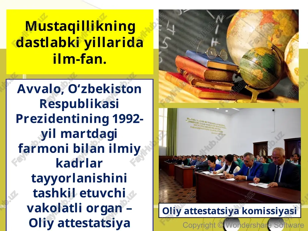 tware ilm-fan va ta’lim integratsiyasi. o‘zbekiston fani va ta’limi integratsiyasini ta’minlash borasida ham qator ishlar amalga oshirilmoqda. bu jarayon 2012-yilga qadar fanlar akademiyasi tizimida ilmiy-o‘quv markazlari tashkil etilishi orqali amalga oshirildi. copyright © wondershare software 2012-yildan esa oliy ta’lim tizimida ilmiy sektor rivojini ta’minlash maqsadida fanlar akademiyasining 5 ta ilmiy tadqiqot instituti, 4 ta mintaqaviy ilmiy markazlari ilmiy bo‘linma tarzida qayta tashkil etildi. copyright © wondershare software fanlar akademiyasi tuzilmalarini qisqartirish hamda akademik fan va ta’lim integratsiyasini kuchaytirish maqsadida 2014-yilda 2 ta institut va 1 ta bo‘linma oliy ta’lim muassasalari qoshidagi ilmiy-tadqiqot markazlari sifatida tashkil etildi. copyright © wondershare software ilm-fandagi tub islohotlar. 2016–2017-yillar o‘zbekiston ilm-fanida tom ma’noda tub islohotlar davri bo‘ldi. o‘zbekiston respublikasi prezidenti shavkat mirziyoyev 2016-yil 30-dekabr kuni ilk bor mamlakatimizning yetakchi ilm-fan namoyandalari bilan uchrashdi. copyright © wondershare software fanlar akademiyasi haqiqiy a’zoligiga oxirgi saylovlar 1995-yilda o‘tkazilgan edi. o‘tgan yillar mobaynida akademiklarning soni ikki martadan ko‘proqqa qisqardi …