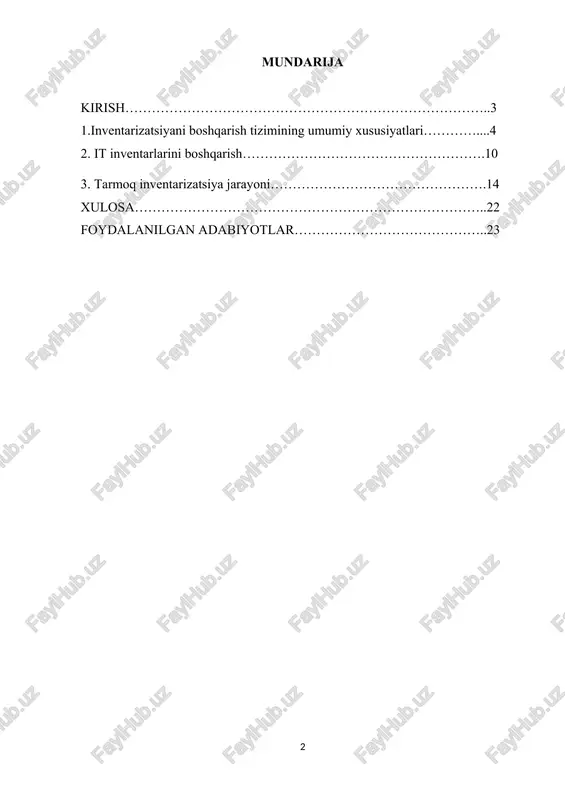rilgan va moliyaviy samaradorlikni oshirilgan yondashuvini ta'minlashda muhim bo'ladi. kurs ishining maqsadi. inventarizatsiya tizimi programmalash asoslari mavzusidagi maqsad, korxonalarni va tashkilotlarni inventarlarini samarali, dolzarb va tezkor boshqarishda yordam berishni maqsad qiladi. korxonalarning yoki tashkilotlarning material, moliyaviy vositalar, o'simliklar, yoki boshqa ma'lumotlarini boshqarish va ulardagi o'g'irishlarni nazorat qilishni, tahlil qilishni va boshqarishni yengillashtirishni ta'minlashdir. kurs ishining vazifalari. ushbu kurs ishida quyidagi vazifalarni bajaramiz: · inventarizatsiyani boshqarish tizimining umumiy xususiyatlari; · it inventarlarini boshqarish; · tarmoq inventarizatsiya jarayoni. kurs ishining predmeti. mavzusining predmeti, korxonalarni yoki tashkilotlarni inventarlarini to'liqroq, samarali va avtomatlashtirilgan tarzda boshqarish uchun muhim dasturiy vositalarni o'rganish, yaratish va ularni boshqarishni o'rganishni o'z ichiga oladi. bu tizimlar o'g'irish, chiqimlar, moliyaviy hisobotlar, vaqtincha ma'lumotlar, tahlil va monitoringni o'z ichiga oladi. kurs ishining ob’yekti. mavzusining obyekti, korxonalarning yoki tashkilotlarning material, moliyaviy vositalar, o'simliklar, tovarlar va boshqa inventarlarini boshqarishni avtomatlashtirish va optimallashtirishni maqsad qiladi. bu tizimlar o'z ichiga inventarizatsiya jarayonini o'rganish, moliyaviy hisobotlar tuzish, …