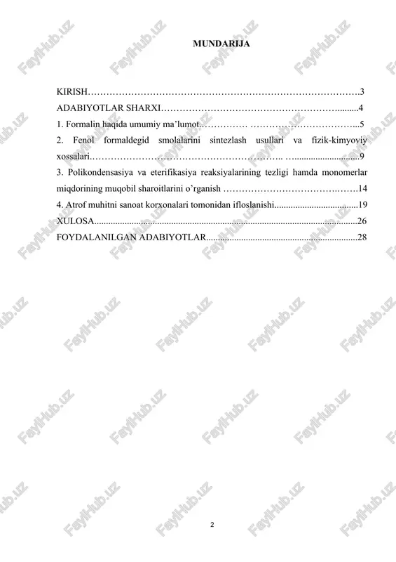 ilarga tegishli treningni ta'minlash uchun zarurdir. xulosa qilib aytganda, formalin ishlab chiqarish texnologiyasi ishlab chiqarish jarayonlarida keng qo'llanilishi, saqlash, dezinfektsiyalash va atrof-muhit va sog'liqqa potentsial ta'siri tufayli turli sohalarda dolzarbdir. kurs ishining maqsadi. formalin ishlab chiqarish texnologiyasini o'rganishdan maqsad formaldegid gazining suvdagi eritmasi bo'lgan formalin ishlab chiqarish jarayonlari haqida har tomonlama tushunchaga ega bo'lishdir. bu samarali va xavfsiz ishlab chiqarish uchun zarur bo'lgan kimyoviy reaktsiyalar, uskunalar va operatsion parametrlarni o'rganishni o'z ichiga oladi. kurs ishining predmeti. formalin ishlab chiqarish texnologiyasi mavzusi formalinni sanoat miqyosida ishlab chiqarishda ishtirok etadigan kimyoviy jarayonlar, asbob-uskunalar va operatsion tartiblarni o'rganishni o'z ichiga oladi. bunga quyidagilar kiradi: formalin sintezida ishtirok etadigan kimyoviy reaksiyalarni tushunish, bu odatda metanolning formaldegidgacha oksidlanishi, so'ngra yakuniy eritma hosil qilish uchun suvda erishi bilan bog'liq. ishlab chiqarish jarayonini loyihalash va optimallashtirish, shu jumladan reaktor tizimlari, issiqlik almashinuvchilari, distillash ustunlari va formalinni samarali sintez qilish va tozalash uchun zarur bo'lgan boshqa uskunalar. kurs …