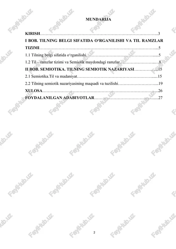 belgilarning semiotik tuzilmalarini oʻrganish orqali biz aloqaning fundamental darajada qanday ishlashi haqida tushunchaga ega boʻlamiz. bu tushuncha shaxslararo muloqotni, madaniyatlararo muloqotni va gʻoyalar va ma’lumotlarni uzatishni yaxshilashga yordam beradi. 2. madaniy tahlil: til va ramzlar madaniyat bilan chuqur bogʻlangan. tilning semiotik tabiatini oʻrganish turli madaniy kontekstlarda ma’no qanday yaratilishi, boʻlinishi va talqin qilinishini tushunishga yordam beradi. bu madaniy tahlil, antropologiya va odamlar atrofidagi dunyoni anglashning turli usullarini tushunish uchun qimmatlidir. 3. adabiy-badiiy tahlil: adabiyot, kino, san’at va boshqa ifoda shakllari sohasida tilning semiotik tabiati muhim ahamiyatga ega. bu olimlar va ishqibozlarga ijodiy asarlar ichidagi ma’no, ramziylik va vakillikning chuqurroq qatlamlarini tahlil qilish imkonini beradi. kurs ishining predmeti. tilning semiotik tabiati va til belgilari tizimining kengroq kontekstidagi aniq mavzu yoki diqqat markaziga tegishli boʻlishi mumkin. shu nuqtai nazardan, u til va uning ma’lum bir tadqiqot jihati yoki sohasiga tegishli boʻlishi mumkin. masalan, mavzu mavzusi turli xil mavzularni oʻz ichiga olishi mumkin, …