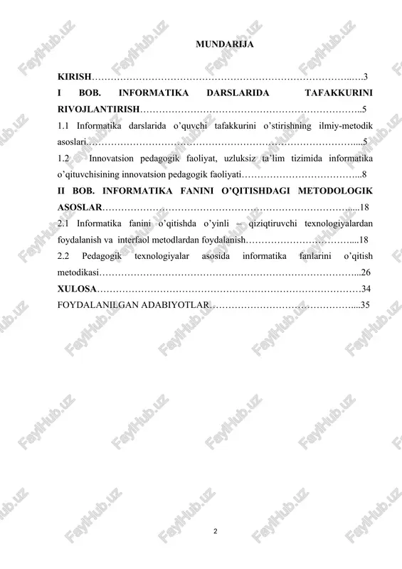 qidiy fikrlashni rivojlantirish orqali o’qituvchilar o’quvchilarga kompyuter faniga ijodkorlik, moslashuvchanlik va texnologiya jamiyatga qanday ta’sir qilishini chuqurroq tushunishga yordam berishlari mumkin. oxir oqibat, ushbu mavzuning dolzarbligi rivojlanayotgan raqamli landshaft talablariga javob beradigan va innovatsion va axloqiy texnologik echimlarni ishlab chiqishga hissa qo’shadigan kompyuter olimlarining keyingi avlodini tayyorlashdan iborat. kurs ishining maqsadi. tanqidiy fikrlashni rivojlantirish uchun texnologiyani informatika ta’limiga integratsiya qilishdan maqsad o’quvchilar murakkab muammolar bilan faol shug’ullanishlari, hisoblash tushunchalarini qo’llashlari, tengdoshlari bilan hamkorlik qilishlari va kompyuter fanida muvaffaqiyatga erishish uchun zarur bo’lgan analitik fikrlash qobiliyatlarini rivojlantirishlari mumkin bo’lgan muhitni yaratishdir. kurs ishining vazifasi. quyidagi vazifalarni belgilab oldim: · informatika darslarida o’quvchi tafakkurini o’stirishning ilmiy-metodik asoslari; · innovatsion pedagogik faoliyat, uzluksiz ta’lim tizimida informatika o’qituvchisining innovatsion pedagogik faoliyati; · informatika fanini o’qitishda o’yinli – qiziqtiruvchi texnologiyalardan foydalanish va interfaol metodlardan foydalanish; · pedagogik texnologiyalar asosida informatika fanlarini o’qitish metodikasi. kurs ishining predmeti. informatika ta’limida tanqidiy fikrlashni rivojlantirish texnologiyasini integratsiyalash mavzusi talabalarning …