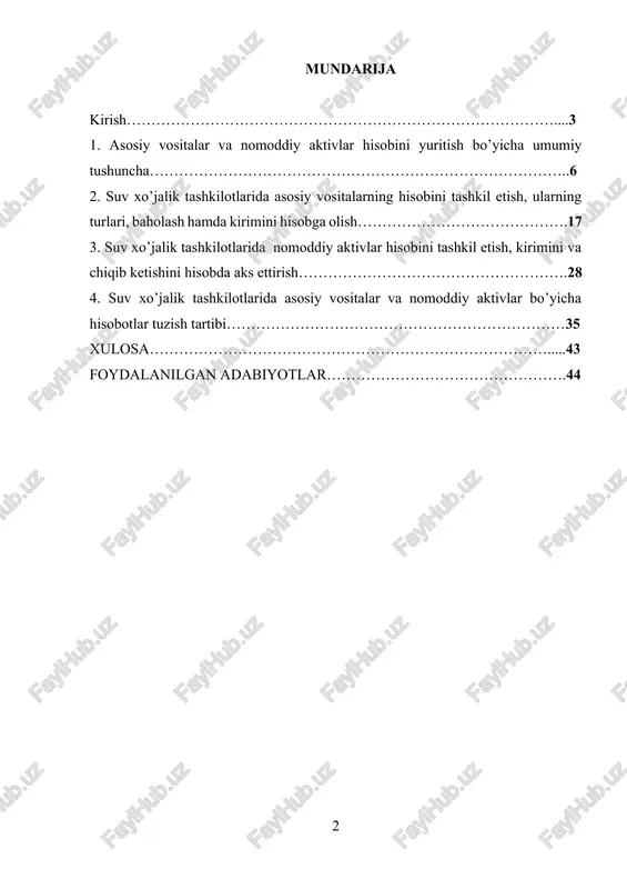 . infratuzilmaga investitsiyalar va moliyalashtirish: asosiy vositalarning samarali hisobi tashkilotlarga infratuzilma loyihalarini moliyalashtirishda mavjud aktivlar, ularning amortizatsiyasi va yangi investitsiyalarga bo’lgan ehtiyoj to’g’risida aniq tasavvur hosil qilish orqali yordam beradi. investorlar va kreditorlar tashkilotning moliyaviy salomatligi va risk profilini baholash uchun aktivlarning aniq hisobiga tayanadilar. 4. nomoddiy aktivlarni tan olish: suvga bo’lgan huquqlar, ruxsatnomalar va texnologiya kabi nomoddiy aktivlar suv xo’jaligi tashkilotlarining faoliyati va qiymat taklifida muhim rol o’ynaydi. ushbu aktivlarning to’g’ri hisobi ularning tan olinishi, baholanishi va moliyaviy hisobotlarda to’g’ri ko’rib chiqilishini ta’minlaydi, bu esa tashkilotning umumiy moliyaviy holati va faoliyatiga ta’sir qiladi. to’g’ri buxgalteriya hisobining ahamiyati: 1. qaror qabul qilishni qo’llab-quvvatlash: asosiy vositalarning to’g’ri hisobi infratuzilmani saqlash, yangilash yoki almashtirish, resurslarni taqsimlashni optimallashtirish va aktivlarning hayot aylanishini boshqarish bo’yicha asosli qarorlar qabul qilish imkonini beradi. 2. moliyaviy hisobotning yaxlitligi: buxgalteriya hisobining to’g’ri amaliyoti moliyaviy hisobotlarning yaxlitligi va ishonchliligini ta’minlaydi, manfaatdor tomonlar uchun shaffoflikni ta’minlaydi va tashkilotning moliyaviy hisobotiga …