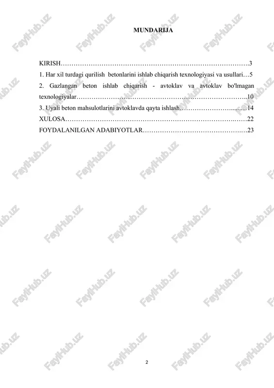 maqsadi. avtoklavlangan g’ovak betondan mahsulotlar ishlab chiqarishni o'rganish va tushunish maqsadi ko'p qirrali bo'lib, bir nechta asosiy vazifalarni o'z ichiga oladi: 1. ishlab chiqarish jarayoni: avtoklavlangan g’ovak beton mahsulotlarini ishlab chiqarish jarayonini tushunish xom ashyo, aralashtirish tartiblari, davolash usullari va avtoklavlash usullari haqida bilim olishni o'z ichiga oladi. ushbu bilim ishlab chiqarish sifati, izchilligi va samaradorligini ta'minlash uchun juda muhimdir. 2. sifat nazorati va standartlari: avtoklavlangan g’ovak beton mahsulotlarining mo'ljallangan ishlashi va xususiyatlariga erishish uchun sifat nazorati choralarini o'rnatish va sanoat standartlariga rioya qilish muhim ahamiyatga ega. bunga qattiqlashuv jarayonini kuzatish, mustahkamlik va chidamlilikni tekshirish va tegishli qurilish qoidalari va qoidalariga rioya qilishni ta'minlash kiradi. 3. qurilishda qo'llanilishi: avtoklavlangan g’ovak beton mahsulotlari keng ko'lamli qurilish dasturlarida, shu jumladan bloklar, panellar va boshqa oldindan quyma elementlarda qo'llaniladi. ishlab chiqarish jihatlarini tushunish ushbu materiallardan qurilish loyihalarida samarali foydalanish va strukturaning yaxlitligi va ishlashini ta'minlash imkonini beradi. umuman olganda, avtoklavlangan g’ovak betondan mahsulotlar …