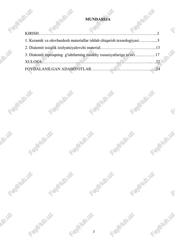 ensatsiyani oldini olish va ichki havo sifatini yaxshilashga yordam beradi, bu ayniqsa yo'lovchilarning salomatligi va farovonligi uchun muhimdir. 5. bozor talabi va iqtisodiy foydalari: yuqori issiqlik xossalari, chidamliligi va atrof-muhitga foyda keltiradigan yuqori samarali issiqlik izolyatsiyalash materiallariga bozor talabi ortib bormoqda. diatomit keramika izolyatsiyasi mahsulotlarini ishlab chiqish ishlab chiqaruvchilar uchun iqtisodiy imkoniyatlarni taqdim etadi, shuningdek, energiya xarajatlarini kamaytirish orqali yakuniy foydalanuvchilar uchun potentsial xarajatlarni tejash imkonini beradi. 6. texnologik yutuqlar: diatomit keramika issiqlik izolyatsiyasi mahsulotlari sohasidagi tadqiqotlar va ishlanmalar texnologik taraqqiyotni osonlashtiradi, bu esa ishlab chiqarish jarayonlarini yaxshilashga, issiqlik ko'rsatkichlarini oshirishga va maxsus dastur talablarini qondirish uchun yangi mahsulot variantlarini yaratishga olib keladi. kurs ishining maqsadi. asosiy maqsadlardan biri samarali issiqlik izolatsiyasini ta'minlash orqali binolarda energiya tejashga hissa qo'shishdir. diatomit keramika mahsulotlari issiqlik uzatishni minimallashtirishga qaratilgan bo'lib, shu bilan isitish va sovutish joylari uchun zarur bo'lgan energiya sarfini kamaytiradi. bu barqaror va energiya tejamkor qurilish amaliyotlarini ilgari surishning kengroq maqsadiga …