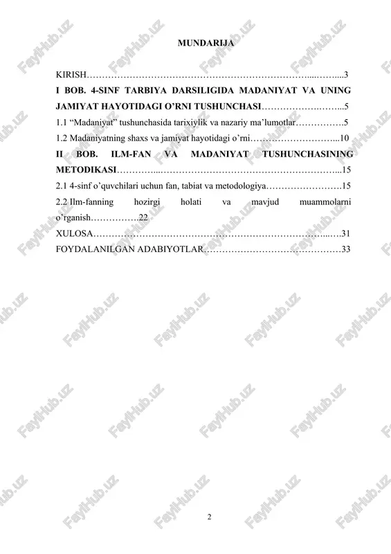 mavzular orqali o’quvchilarning o’zlarini va dunyoni tushunishlari oshiriladi, ularning ijtimoiy tarbiyasi va insoniy qadriyatlari rivojlanadi. bundan tashqari, bu darslar orqali o’quvchilar o’z fikrlarini ifoda qilish, qiyofalarini shakllantirish va dunyo bilan bog’liqlik kurishni o’rganishlari maqsadga muvofiqdir. kurs ishining vazifalari. 4-sinfda fan va madaniyat darslarining asosiy vazifasi o’quvchilarga madaniy va ilmiy tarbiya berishdir. bu darslar orqali o’quvchilar dunyoqarash va taassurotini kengaytirib, ularni milliy va jahon madaniyatiga oid bilim va ko’nikmalar bilan tanishtirish, ularning ijtimoiy, insoniy qadriyatlarini oshirish, shaxsiy va ma’naviy rivojlantirish, fikr yuritish va muhokama qilish qobiliyatlarini rivojlantirish maqsadga muvofiqdir. kurs ishining predmeti va obyekti. 4-sinfda fan va madaniyat darslarining predmeti o’quvchilarga madaniy va ilmiy tushunchalarni o’rgatish, ularning dunyoqarash va taassurotini kengaytirishdir. bu darslar orqali o’quvchilar milliy va jahon madaniyati, san’at turlari, tarixiy va joriy hodisalarning tushunchalarini o’rganib, ularni qadriyatli qarorlar qabul qilishga yordam beradi. mavzuning obyekti esa dunyo madaniyatining turli sohalari, shu jumladan, musiqa, rasm, adabiyot, teatr va boshqa san’atlar, tadbirlar, …
