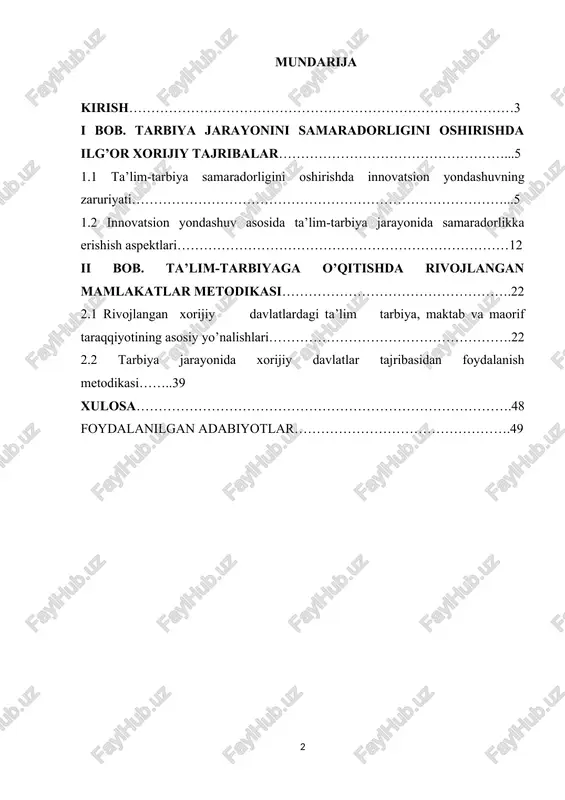 ilish va qabul qilishga yordam beradi. ushbu yondashuv turli xil talabalar populyatsiyasining ehtiyojlarini qondiradigan yanada inklyuziv ta'lim amaliyotiga olib kelishi mumkin. 3. sifatni oshirish: yuqori samarali ta'lim tizimiga ega bo'lgan mamlakatlar tajribasidan o'rganish ta'lim sifati, o'quvchilar muvaffaqiyati va o'qituvchilar samaradorligini oshirish usullari haqida tushuncha berishi mumkin. 4. talabalarni globallashgan dunyoga tayyorlash: xalqaro istiqbol va amaliyotlarni mahalliy ta’lim tizimiga kiritish orqali talabalar jahon hamjamiyatini tushunish va ular bilan aloqa qilish uchun yaxshi jihozlanadi, bu esa ularni tobora ortib borayotgan global mehnat bozorida raqobatbardosh qiladi. xulosa qilib aytganda, ta’lim jarayonida xorijiy mamlakatlar tajribasidan foydalanish metodologiyasi ta’lim tizimining sifati, inklyuzivligi va global dolzarbligini oshirish, pirovardida ham o‘quvchilar, ham pedagoglar uchun foydali bo‘lishi uchun dolzarbdir. kurs ishining maqsadi va vazifasi. ta’lim jarayoniga xorijiy mamlakatlar tajribasini o‘rganish va joriy etishdan maqsad ko‘p qirrali bo‘lib, ularni quyidagicha umumlashtirish mumkin: asosiy maqsad taʼlim sohasida bilim va ilgʻor tajriba almashishga koʻmaklashishdir. boshqa mamlakatlarning muvaffaqiyatli yondashuvlari va innovatsiyalarini o'rganish …