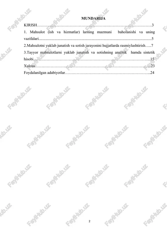 g soliqqa tortiladigan daromadini aniqlashda muhim omil hisoblanadi, ayniqsa foydadan kelib chiqqan holda daromad solig'i solig'i solig'i. cogsni to'g'ri hisoblash soliq qonunlari va qoidalariga rioya qilish uchun muhimdir. 4. moliyaviy hisobot: cogs umumiy qabul qilingan buxgalteriya hisobi tamoyillariga (gaap) yoki xalqaro moliyaviy hisobot standartlariga (ifrs) muvofiq moliyaviy hisobotlarni tayyorlash uchun kalit hisoblanadi. bu daromad olish bilan bog'liq to'g'ridan-to'g'ri xarajatlarning shaffofligini ta'minlaydi. 5. xarajatlarni nazorat qilish: cogs komponentlarini tushunish va tahlil qilish korxonalarga xarajatlarni nazorat qilish va optimallashtirish sohalarini aniqlashga yordam beradi. u menejmentga ishlab chiqarish xarajatlari, ishlab chiqarish jarayonlari va samaradorlikni oshirishdagi o'zgarishlarning ta'sirini baholash imkonini beradi. kurs ishining maqsadi va vazifalari. cogsni hisoblashning maqsadi sotilgan tovarlarning to'g'ridan-to'g'ri xarajatlarini o'lchashdir, vazifalar esa to'g'ridan-to'g'ri xarajatlarni aniqlash, inventarizatsiyani baholash, xarajatlarni taqsimlash va hisobot berish, tahlil qilish va qaror qabul qilish uchun ma'lumotlardan foydalanishni o'z ichiga oladi. kurs ishining predmeti va obyekti. cogsni hisoblash predmeti tadbirkorlik sub'ektining o'zi, sub'ektning ob'ekti esa korxona tomonidan …