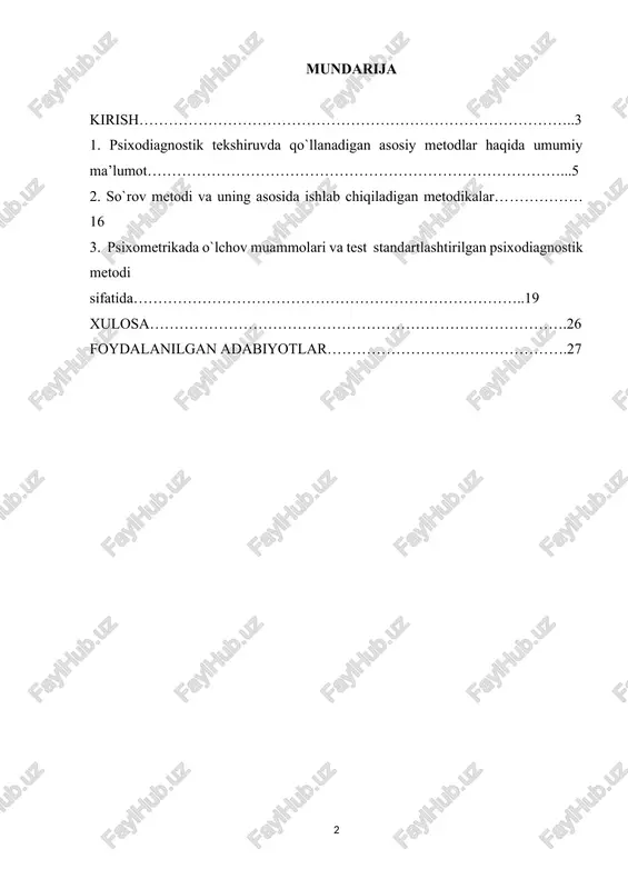 i naqshlarni, mavzularni va tendentsiyalarni aniqlash uchun ishlatilishi mumkin, natijada tarkibni yaratish uchun mas'ul bo'lgan shaxslar yoki guruhlarning asosiy xabari, munosabati yoki xatti-harakatlarini tushunishga yordam beradi. tahlilga asoslangan holda, kontent tahlili o'rganilayotgan mazmunni tushunishga yordam beradigan xulosalar chiqarish va topilmalarni taqdim etishga qaratilgan. ushbu xulosalar kengroq tadqiqot maqsadlari haqida ma'lumot berishi, nazariyaga hissa qo'shishi yoki qaror qabul qilish uchun amaliy tushunchalar berishi mumkin. kurs ishining predmeti va obyekti. kontent analizni kuchsiz va kuchli tomonlari mavzuning predmeti va obyektiga bog'liq bo'ladi. kuchsiz tomonlar, misol uchun, ma'lum bir mavzuga oid kontentni tahlil qilishda subjektiv fikrlar yoki hissiyotlar, tushunchalar va individual o'zgaruvchilar bo'lishi mumkin. kuchli tomonlar esa obyektiv ma'lumotlar, statistika, va ma'lumotlar asosida qarorlar olishni o'z ichiga oladi. bu tomonlar kombinatsiyasi kontent analizining samaradorligini oshirishi mumkin. 1. psixodiagnostik tekshiruvda qo`llanadigan asosiy metodlar haqida umumiy ma’lumot. metod – (yunoncha. metodos- tabiat hodisalarini tekshirish usuli).psixodiagnostik metod – psixologiya fanining tadqiqot usulidir. psixodiagnostik metod psixologiya fanining …