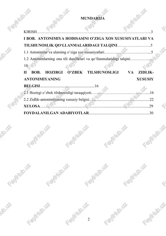 a juftlanishini tushunish muloqotda g‘oyalar va tushunchalarni yanada aniq va nozik ifodalash imkonini beradi. 2. leksik kengayish: antonimiyani o‘rganish yangi antonimik juftlarni aniqlash va o‘zbek tilining lug‘at boyligini boyitish orqali leksik kengayishga xizmat qiladi. antonimlarni tan olish va tahlil qilish orqali so'zlovchilar o'zlarining til repertuarini kengaytirishlari va kommunikativ qobiliyatlarini oshirishlari mumkin. 3. kognitiv ishlov berish: o‘zbek tilshunosligida antonimiyaning o‘rganilishi tilni anglash va hosil qilish bilan bog‘liq kognitiv jarayonlarga oydinlik kiritadi. so‘zlovchilarning antonimlarni aqliy tarzda qanday ifodalashi va qayta ishlashini o‘rganish lingvistik o‘zaro ta’sirlarda qanday ma’no tuzilishi va uzatilishi haqida tushuncha beradi. 4. tarbiyaviy qadriyat: o‘zbek tilshunosligida antonimiyani o‘rganish til o‘rganish va o‘rgatish uchun asos bo‘lishi bilan tarbiyaviy ahamiyatga ega. antonimlarni tushunish o‘quvchilarga o‘zlari bilgan so‘zlarning qarama-qarshi ma’nolarini o‘zlashtirib, lug‘atning nozik jihatlarini tushunishga va til bilimlarini rivojlantirishga yordam beradi. 5. tillararo qiyoslash: o‘zbek tilidagi antonimiyani boshqa tillar qatorida o‘rganib, tadqiqotchilar tillararo qiyoslashlar olib borib, antonimlarni tashkil etishda til universalligi va tilga …