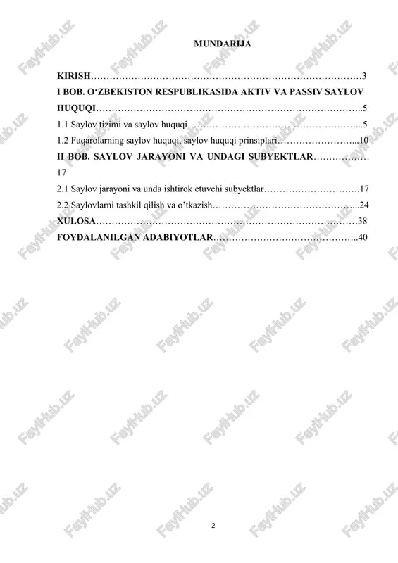 yicha ma’lum mezonlarga javob beradigan shaxslar turli darajadagi davlat hokimiyati organlarida saylangan lavozimlarga nomzod bo‘lish uchun passiv huquqqa ega. bu huquq nomzodlarning xilma-xilligini ta'minlash, raqobatni rag'batlantirish, siyosiy maydonda turli ovoz va nuqtai nazarlarning namoyon bo'lishini rag'batlantirish uchun juda muhimdir. mavzuning dolzarbligi: o‘zbekistonda faol va passiv saylov huquqlari mavzusi mamlakatda amalga oshirilayotgan siyosiy islohotlar va demokratlashtirish borasidagi sa’y-harakatlar sharoitida juda dolzarbdir. o‘zbekiston yanada ochiq va inklyuziv siyosiy tizimga o‘tayotgan bir paytda, bu saylov huquqlari himoyasini ta’minlash jonli demokratiyani rivojlantirish, siyosiy ishtirokni kuchaytirish, hukumat va fuqarolar o‘rtasida ishonchni mustahkamlash uchun muhim ahamiyatga ega. o‘zbekiston faol va passiv saylov huquqlarini tan olish va qo‘llab-quvvatlash orqali o‘z saylov jarayonlarida oshkoralik, hisobdorlik va qonuniylikni oshirishga yordam berishi mumkin. fuqarolarga ovoz berish orqali oʻz xohish-istaklarini erkin ifodalash va turli nomzodlarga davlat lavozimlari uchun raqobatlashish imkoniyatini yaratish yanada vakillik va masʼuliyatli boshqaruvga olib keladi va natijada butun mamlakatga foyda keltiradi. kurs ishining maqsadi va vazifalari. o‘zbekistonda faol …