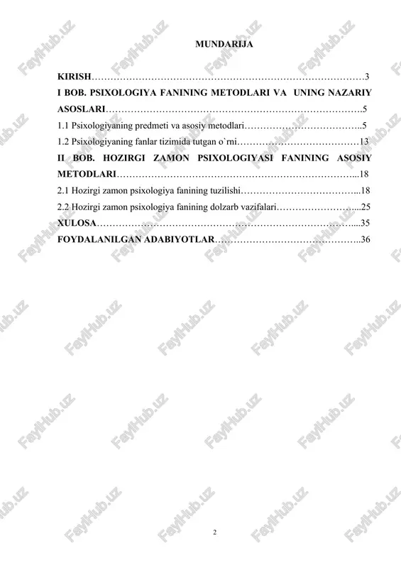 onini beradi. 3. tanqidiy fikrlash: psixologiyaning asosiy usullarini o‘rganish odamlarda tanqidiy fikrlash ko‘nikmalarini rivojlantirishga yordam beradi. tadqiqot qanday olib borilishi va ma'lumotlar qanday tahlil qilinishini tushunib, odamlar da'volarning asosliligini baholashlari va turli kontekstlarda asosli qarorlar qabul qilishlari mumkin. 4. muammolarni yechish: psixologiya usullari odamlarda muammoni hal qilish qobiliyatlarini rivojlantirishga yordam beradi. psixologik tadqiqot usullarini qo'llash orqali shaxslar murakkab muammolarni yaxshiroq tushunishlari, mumkin bo'lgan echimlarni aniqlashlari va psixologik muammolarni hal qilish uchun asosli qarorlar qabul qilishlari mumkin. 5. shaxsiy rivojlanish: psixologik usullarni bilish ham shaxsiy rivojlanishga hissa qo‘shishi mumkin. insonning xulq-atvori va aqliy jarayonlarini tushunish o'z-o'zini anglash, muloqot qobiliyatlarini yaxshilash va shaxslararo munosabatlarni yaxshilashga olib kelishi mumkin. kurs ishining maqsadi va vazifalari. psixologiya fanining maqsadi turli tadqiqot usullarini qo'llash orqali insonning xatti-harakati va ruhiy jarayonlari haqidagi tushunchamizni rivojlantirishdir. psixologlar inson ongining nozik tomonlarini o‘rganib, inson bilish, his-tuyg‘ulari va xulq-atvori sirlarini ochishga intiladilar, buning asosiy maqsadi psixologik tamoyillar va tushunchalarni qo‘llash orqali …