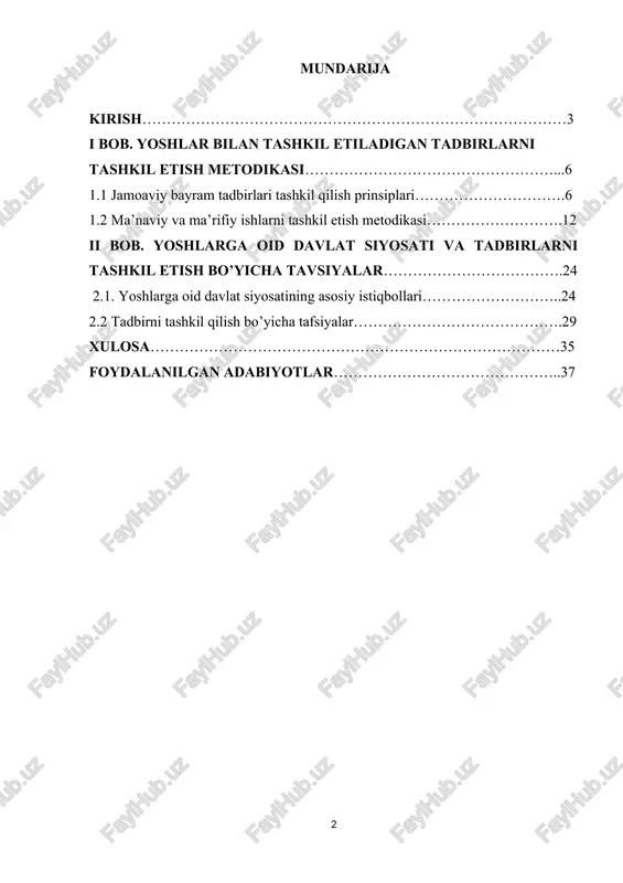 tiv va qiziqarli tadbirlarni o'z ichiga olish juda muhimdir. u seminarlar, tanlovlar, o'yinlar, munozaralar yoki badiiy ifodalarni o'z ichiga oladimi, tadbirlar o'rganish, ijodkorlik va ijtimoiy o'zaro ta'sirni rivojlantirishga qaratilgan bo'lishi kerak. doimiy baholash va fikr-mulohazalar yoshlar bilan tadbirlar tashkil etish metodologiyasining muhim tarkibiy qismidir. tadbir davomida va undan keyin fikr-mulohazalarni to'plash uning ta'siri, samaradorligi va yaxshilash sohalarini baholashga yordam beradi. ushbu fikr-mulohaza zanjiri tashkilotchilarga kelajakdagi tadbirlarni doimiy ravishda yaxshilash va ularni ishtirokchilarning ehtiyojlari va umidlarini qondirish uchun moslashtirish imkonini beradi. mavzuni o'rganishning dolzarbligi yoshlar bilan tadbirlarni tashkil etish metodologiyasini o'rganish bir necha sabablarga ko'ra juda dolzarb va muhimdir: 1. yoshlar imkoniyatlarini kengaytirish: yoshlarni tadbirlarga jalb etishning samarali metodologiyalarini tushunish ularga o‘z jamoalarida faol ishtirokchi bo‘lish, yetakchilik qobiliyati, ijodkorlik va ijtimoiy mas’uliyatni rivojlantirishga yordam beradi. 2. jamiyat qurilishi: yaxshi tashkil etilgan tadbirlar kuchli va inklyuziv hamjamiyatlarni qurishda muhim rol o'ynaydi. samarali metodologiyalarni o'rganish turli yoshlar guruhlarini birlashtiradigan tadbirlarni yaratishga, ijtimoiy hamjihatlik …