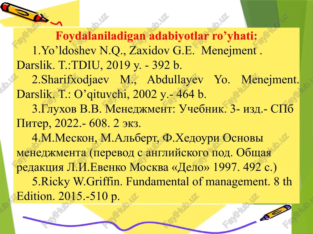 ing ish uslubi; rahbarlarning ish uslubi va hokozolar. rahbarlik uslublarining xususiyatlari uslublar avtoritar demokratik liberal qaror qabul qilish usuli qo’l ostidagilari bilan yakka o’zi guruh maslahatlari asosida ko’rsatmalar asosida qarorlarni bajaruv-chiga etkazish usuli buyruq, farmoyish taklif iltimos majburiyatlarni taqsimlash butunlay rahbar qo’lida vakolatlarga muvofiq butunlay bajaruvchilar qo’lida qo’l ostidagilar tashabbuskorligiga munosabati ba’zida yo’l qo’yadi rag’batlantiradi va foydalaniladi butunlay bajaruvchilarga beriladi xodimlarni saralash tamoyillari kuchli raqabatchilardan qutilish ishbilarmin, bilimli kadrlarni tanlash va ularning kar’erasiga ko’maklashish - bilimga munosabari barcha narsani o’zi biladi deb hisoblaydi doimo o’qiydi va qo’li ostidagilardan ham shuni talab qiladi befarq muloqotga munosabati salbiy, masofa saqlaydi ijobiy, muloqotga faol kirishadi tashabbus ko’rsatmaydi xodimlarga munosabati kayfiyatiga qarab, teng emas teng, samimiy, talabchan yumshoq, talabchan emas intizomga munosabati qattiq, rasmiy o’rinli yumshoq rasmiy ishga undashga munosabari jazolash, kamdan-kam rag’batlantirish rag’batlantirish, kamdan-kam jazolash aniq yo’nalish yo’q j ishga doir etika va etiket. menejerning imidji. etika (qadimgi yunoncha: ἠθική [φιλοσοφία] – „axloq …