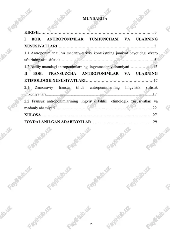 rgan madaniy va tarixiy ta’sirlar haqida tushuncha beradi. 2. til xilma-xilligi: fransuz antroponimlari turli lingvistik manbalardan kelib chiqqan bo‘lib, fransiyaning til xilma-xilligini va uning boshqa madaniyatlar va tillar bilan tarixiy aloqalarini aks ettiradi 3. shaxs va shaxsiy aloqa: shaxsiy ismlar shaxsning o'ziga xosligi va merosi bilan bog'lanishida hal qiluvchi rol o'ynaydi. fransuz antroponimlarining etimologiyasini o'rganish odamlarga o'z ismlari va oila tarixini tushunishga yordam beradi. 4. onomastika tadqiqotlari: antroponimlarni o'rganish ismlarning kelib chiqishi, tarixi va qo'llanilishini o'rganadigan onomastikaning kengroq sohasiga kiradi. fransuz antroponimlarini tadqiq qilish onomastikani akademik oʻrganishga hissa qoʻshadi. 5. ijtimoiy lingvistik mulohazalar: fransuz tilida so‘zlashuvchi mintaqalarda shaxs ismlarining tarqalishi va evolyutsiyasi, shuningdek, nomlanish qoidalari, dialektal o‘zgarishlar va ijtimoiy tendentsiyalar kabi sotsiolingvistik hodisalarni yoritishi mumkin. kurs ishning maqsadi va vazifalari. fransuz antroponimlarini o'rganish bilan bog'liq ba'zi vazifalarga quyidagilar kiradi: 1. ismlarning lingvistik elementlarini tahlil qilish: bu nomning tarkibiy qismlarini o'rganish va ularning kelib chiqishi va ma'nosini aniqlashni o'z ichiga oladi. …