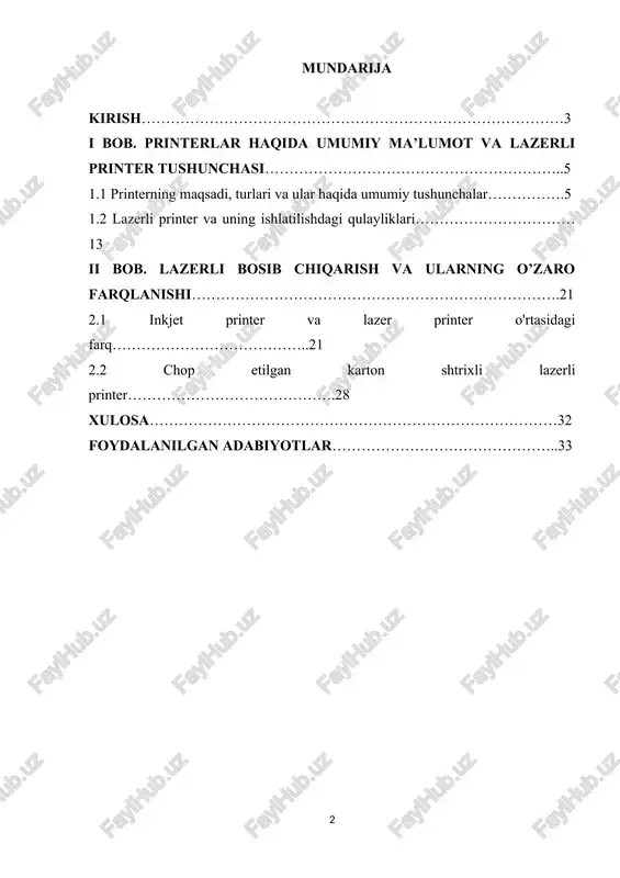 r, maktablar va shaxsiy foydalanish uchun zarur qiladi. bundan tashqari, lazer bosib chiqarish texnologiyasi yillar davomida rivojlanib, rangli chop etish, simsiz ulanish va ekologik toza xususiyatlar kabi imkoniyatlarni taqdim etdi. lazer bosib chiqarishni tushunish printerlardan samarali foydalanishni, keng tarqalgan muammolarni bartaraf etishni va bosib chiqarish uskunasini tanlashda ongli qarorlar qabul qilishni istaganlar uchun juda muhimdir. poligrafiya sanoatidagi eng yangi texnologiyalar va tendentsiyalardan xabardor bo'lib, lazer bosib chiqarish yutuqlaridan xabardor bo'ling. agar sizda biron bir aniq savol bo'lsa yoki lazer bosib chiqarish haqida ko'proq ma'lumotga muhtoj bo'lsangiz, bemalol so'rang! kurs ishining maqsadi va vaifalari. lazerli bosib chiqarish - qog'ozda matn va grafiklarni ishlab chiqarish uchun lazer nuridan foydalanadigan bosib chiqarish texnologiyasining bir turi. lazer bosib chiqarishning maqsadi hujjatlar, hisobotlar va boshqa materiallar uchun ofis muhitida keng qo'llaniladigan turli xil qog'oz turlarida yuqori sifatli nashrlarni tez va samarali yaratishdir. kurs ishining predmeti va obyekti. ushbu kurs ishining obyekti lazer bosib chiqarish bilan …