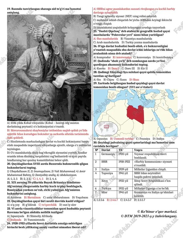 oliyat yurita boshladi. d) oliy majlis yuqori palatasi - senat 150 nafar senatordan iborat. 9. quyidagilardan qaysi biri fransiyada mulk va erkin tadbirkorlikni himoya qiladigan respublika tarafdori edi? a) royalistlar b) puritanlar s) termidorlar d) yakobinchilar 10. ayaz mutalibov quyidagi qaysi davlatda prezidentlik lavozimida ishlagan? a) turkmaniston b) armaniston c) ozarbayjon d) tojikiston 11. quyidagilardan rim respublikasi konsullarining faoliyati bilan bogʻliq bo‘lganlarini aniqlang. 1) yil davomida respublikani boshqarib, rimliklarni sud qilgan; 2) har yili beshyuzlar kengashiga hisob bergan; 3) qonunlar qabul qilgan; 4) harbiy davrlarda qoʻshinlarga qoʻmondonlik qilgan. a) 1, 3 v) 2, 4 s) 2, 3 d) 1, 4 12. 2002-yil aqsh prezidenti eronni “yovuzlik tayanchi” mamlakatlari qatoriga qoʻshib, terrorizmni moliyashtirishda aybladi va uni xalqaro izolatsiya qilishga harakat qildi. ammo bu harakat quyidagi qaysi davlatlar tomonidan ma'qullanmadi? 1) fransiya; 2) hindiston; 3) pokiston; 4) germaniya; 5) buyuk britaniya; 6) ozarbayjon. a) 1, 3, 5 b) 2, 4, 6 c) …