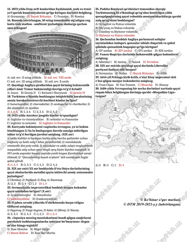 amudaryo havzasi; 2) sirdaryo havzasi; 3) orol dengizi bo‘ylari; 4) kaspiy dengizi bo‘ylari. a) 1, 4 b) 2, 4 c) 1, 3 d) 2, 3 9. quyidagi atamalarning izohlari mos ravishda berilgan javobni toping. 1) globallashuv; 2) modernizatsiya; 3) integratsiya; a) suveren davlatlar o‘rtasida tovarlar, xizmatlar, moliya, investitsiya, ishchi kuchi erkin harakatlanadigan iqtisodiy kenglikni tashkil qilish maqsadida birlashish jarayoni; b) mafkuraviy rejim shakli boʻlib, totalitar jamiyatda aholining keng miqyosda ommaviy ravishda mafkuraviy qayta tarbiyalash vositasi; c) jahon mamlakatlarining iqtisodiy, siyosiy, madaniy va diniy jihatdan birlashishi yoki yaqinlashish jarayoni; d) ijtimoiy tizimni jadal rivojlantirish maqsadida uni toʻliq yoki qisman yangilash, an'anaviy jamiyatdan yangilangan jamiyatga, agrar sivilizatsiyadan industrial sivilizatsiyaga oʻtish jarayoni. a) 1-s, 2-d, 3-a v) 1-c, 2-a, 3-b s) 1-s, 2-b, 3-a d) 1-b, 2-a, 3-d 10. 1905-yil 9-yanvar kuni peterburg ishchilaridan 250 ming kishi oʻz iltimoslarini podshoga bildirish uchun tinch namoyishga chiqdilar. iltimosnomada qandaytalablar ilgari surilgan edi? 1) ta'sis majlisi …