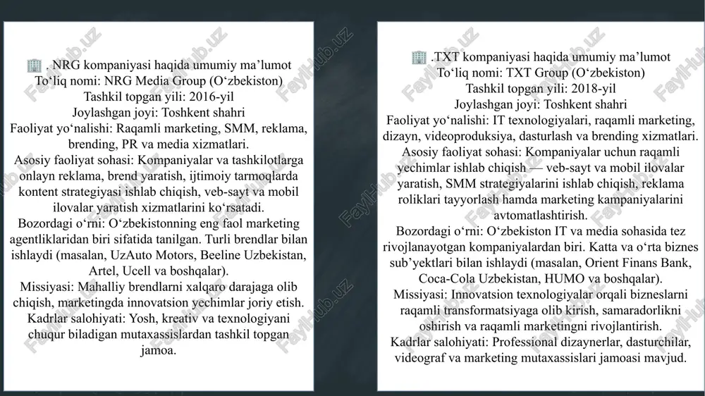 otlarini xalqaro miqyosda tanitish, zamonaviy raqamli marketing vositalari orqali ularning auditoriyasini kengaytirish. ular “kreativlik + texnologiya + natija” tamoyiliga amal qiladi. ya’ni, har bir reklama yoki marketing loyihasida ijodiy yondashuv bilan birga o‘lchovli natijaga erishish maqsad qilinadi. qadriyatlari: kreativlik — yangicha g‘oyalar orqali mijoz e’tiborini jalb qilish. ishonch — hamkorlar bilan uzoq muddatli, ochiq va halol munosabat. jamoaviylik — har bir loyiha jamoa ishtirokida amalga oshiriladi. mijoz manfaatini birinchi o‘ringa qo‘yish. 📈 bozordagi asosiy yo‘nalishlari: raqamli marketing (digital marketing) brend strategiyasi va dizayn smm va reklama kampaniyalari video va media kontent ishlab chiqish pr xizmatlari nrg o‘zbekiston reklama bozorida ko‘proq yirik korporativ mijozlar bilan ishlaydi va brend imijini shakllantirish yo‘nalishida kuchli hisoblanadi. 🚀 innovatsion strategiyalari: sun’iy intellekt yordamida auditoriya tahlilini avtomatlashtirish ar (augmented reality) va vr texnologiyalarni reklamada qo‘llash smart marketing (raqamli natijalarni o‘lchash va optimallashtirish tizimi) influencer marketingni analitik tarzda boshqarish txt kompaniyasining missiyasi, qadriyatlari va innovatsion strategiyasi missiyasi: …