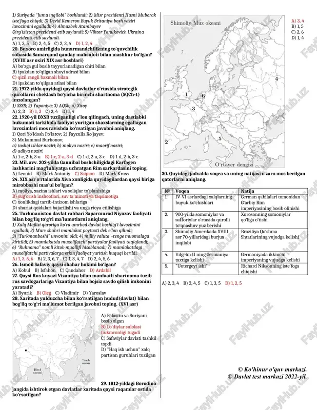 hukumat inqirozdan (1929-1933-yy.) chiqishning yo‘li sifatida iqtisodni militarizatsiyalash va tajovuzkorlikni tanladi. a) i-d, e; ii-b, c; iii-f b) i-a, e; ii-b, d; iii-f c) i-c, e; ii-b, f; iii-a d) i-b, c; ii-d, f; iii-a 8. quyidagi ma’lumotlar qaysi tarixiy shaxs haqida ekanligini aniqlang. "u rahnamolik qilgan qojarlar sulolasi 1796-yilda hokimiyatni egallaganidan so‘ng o‘zini eron shohi deb e’lon qilgan. uning sulolasi 1925-yilga qadar eronda hukmronlik qilgan bo‘lib, bu sulola davrida mamlakat poytaxti tehron shahriga ko‘chirilgan". a) taxmasp ii b) og‘a muhammad c) rizo pahlaviy d) nodirshoh 9. quyida berilganlardan qadimgi hindiston tarixiga oid bo‘lganlarini aniqlang. 1) maurya davlatining vujudga kelishi; 2) magadha va malla davlatlarining vujudga kelishi; 3) ko‘chmanchi giksos qabilalarining mamlakatga bostirib kirishi; 4) yaxmosning hokimiyat tepasiga kelishi. a) 2, 4 b) 2, 3 c) 3, 4 d) 1, 2 10. quyidagilardan xix asrning birinchi yarmida bo‘lib o‘tgan voqeani belgilang. a) rossiya imperiyasi tomonidan sirdaryoning orolga quyilish joyida raim …