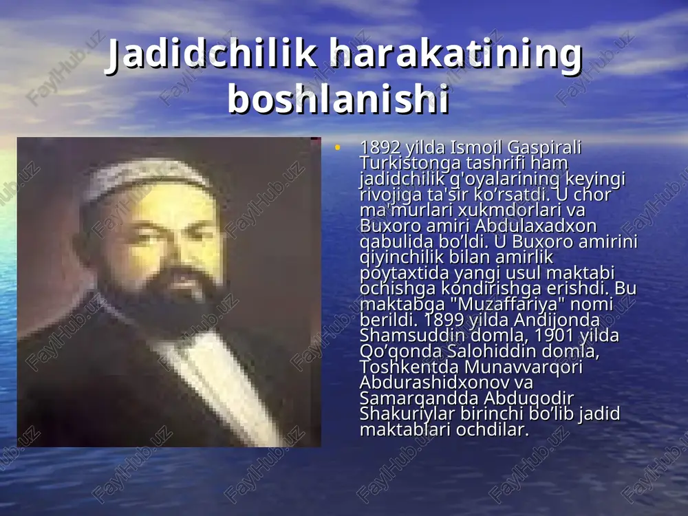 iyasi" xayriya jamiyatini tashkil etib, 1911 yilda 15 ta, 1912 yilda 30 ta talabani turkiyaga o’qishga jo’natdi jadidchilikning asosiy maqsad va vazifalari jadidchilik turkistonda madaniy-ma'rifiy harakat sifatida rivojlandi va asosiy maqsadi milliy hayotni zamonaviylashtirishga qaratildi. bu jumladan quyidagilarni anglatar edi; -xalq ta'limini isloh qilish; -adabiyotni rivojlantirish; -zamonaviy matbuotni yaratish; -islom aqidaparastligi va mutaassiblikni rad etish; -zamonaviy teatr va dramaturgiyani yaratish; -tarix fanini rivojlantirish va o’zbek xalqining yangi tarixini yo’zish. jadidlarning xalqparvarligi jadidlar etiqodli, izchil va chinakam musulmonlar bo’lib, hech mahal turkistonda islom dini arkonlarini taftish qilishni istamaganlar. jadidlar islomni bar xil soxtaliklardan tozalab, xaqiqiy dinni qaror toptirish va dunyoviy bilimlami egallash yo’li bilan jamiyatda uning ta'sirini mustahkamlashga erishmoqchi edilar. jadidlarga mutaassib ruxoniylar qarshilik ko’rsatdilar. ular jadidlarni padarkushlar, maktablari haqida esa «bu xil maktabda o’quvchi-talabalar birinchi yili gazeta o’qiy boshlaydi, ikkinchi yili ozodlikni talab qilishadi, uchinchi yili esa janobi oliylarni taxtdan ag'darib turmaga tiqib qo’yishadi», -der edilar. jadidlarning xalqaro aloqalar jadidlarning …