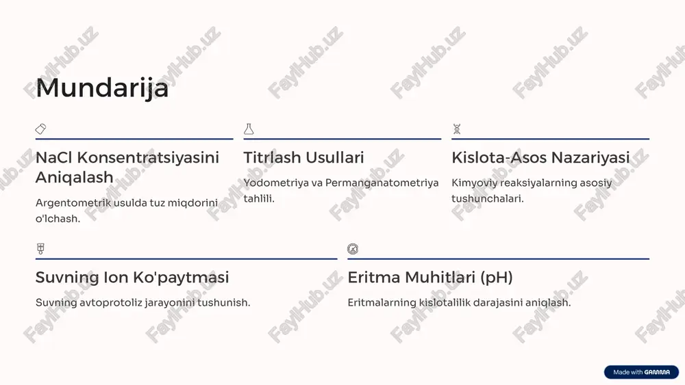lmashinuvi umumiyroq brønsted-lowry: proton donor/qabul qiluvchi faqat suv eritmalari arrhenius: h+ va oh- hosil qiladi 6 brønsted-lowry nazariyasi kislota proton (h⁺) donori (beruvchisi) bo'lgan modda. reaksiya natijasida konjugatlangan asos hosil bo'ladi. asos proton (h⁺) akseptori (qabul qiluvchisi) bo'lgan modda. reaksiya natijasida konjugatlangan kislota hosil bo'ladi. kislota-asos reaksiyalari protonlarning bir moddadan ikkinchisiga o'tishi bilan bog'liq. 7 suvning ion ko'paytmasi (k_w) avtoprotoliz suv molekulalari o'rtasida proton almashinuvi (avtoprotoliz) sodir bo'ladi, natijada gidroniy (h_3o^+) va gidroksid (oh^-) ionlari hosil bo'ladi: 2h₂o ⇌ h₃o⁺ + oh⁻ bu jarayon suvning amfoter xususiyatini ko'rsatadi. ion ko'paytmasi suvning ion ko'paytmasi (k_w) bu ionlarning muvozanat konsentratsiyalari ko'paytmasidir: standart sharoitda (25^\circ c): k_w = 1.0 \times 10^{-14} 8 eritma muhitlari va ph ph ko'rsatkichi eritmaning kislotalilik yoki ishqoriylik darajasini ifodalaydi. u gidroniy ionlari konsentratsiyasining manfiy logarifmi sifatida hisoblanadi. ph 0-7 kislotali muhit. [h_3o^+] > [oh^-] ph 7 neytral muhit. [h_3o^+] = [oh^-] ph 7-14 ishqoriy muhit. [h_3o^+] < [oh^-] …