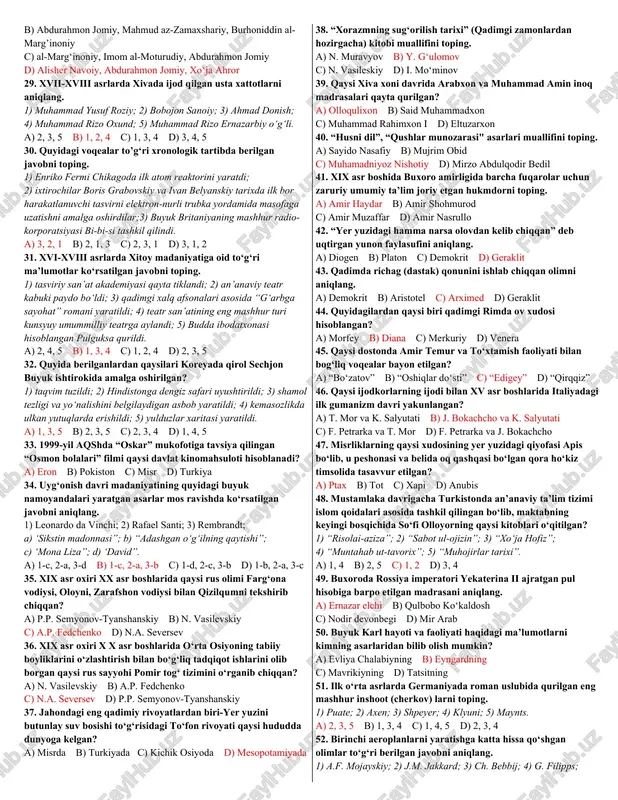 “lyeroglif” atamasining ma’nosi qaysi javobda to‘g‘ri berilgan? a) “ikki daryo oralig‘i” b) “toshga chekilgan muqaddas bitiklar” c) “qat’iy belgilangan qonun-qoidalar” d) “xudolar darvozasi” 14. qadimgi misr podsholigining poytaxti memfisning bosh xudosini toping. a) xatxor b) osiris c) ptax d) xapi 15. qadimgi mesopotamiyaliklarning hosildorlik, sevgi, urush va g‘alaba ilohasini toping. a) ares b) venera c) maat d) ishtar 16. quyidagilardan qaysi biri qadimgi xitoyda ixtiro qilingan? a) shaxmat b) qog‘oz c) nolni ifodalovchi belgi d) mixxat 17. ilk bor olimpiya o‘yinlari o‘tkazilgan hududni toping. a) rim b) yunoniston c) hindiston d) misr 18. qadimda qaysi shaharda parfenon ibodatxonasi bunyod etilgan? a) rimda b) afinada c) spartada d) memfisda 19. qadimgi yunon rivoyatlaridagi yarmi ot, yarmi odam qiyofasidagi mavjudotlar nima deb atalgan? a) siklop b) sirena c) sfinks d) kentavr 20. afsonalarga ko‘ra, olimpiya o‘yinlari asoschisi nomini aniqlang. a) gomer b) gerakl c) odissey d) axilles 21. qadimgi yunonistonning quyosh xudosini …