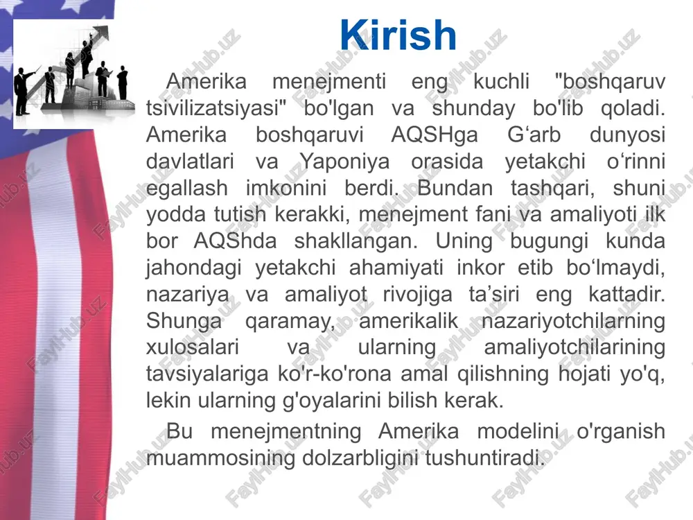 bo'lgan shaxsning ustuvorligi bilan tavsiflanadi . shaxsiy manfaatlar jamoaviy manfaatlardan ustun turadi, shuning uchun shaxsiy natija jamoaviylikdan muhimroqdir . biznes martaba shaxsiy natijalar va tezlashtirilgan ko'tarilish bilan belgilanadi. ii o'ziga xoslik rahbar va bo'ysunuvchilar o'rtasidagi munosabatlar o'zaro manfaatlarga asoslangan shartnoma bilan belgilanadi. qo'l ostidagilar bilan rasmiy munosabatlar, shaxsiy yutuqlarga ko'ra ish haqi va individual javobgarlik mavjud . qilishda , birinchi navbatda, xodimning shaxsiy va kasbiy fazilatlari qadrlanadi. 7 ish haqi tizimi : eng kam ish haqi (shuningdek, soatlik stavkalar) qonun bilan tartibga solinadi o'rtacha to'lov darajasini aniqlashda firmalar uning ma'lum geografik hududdagi boshqa firmalardan past bo'lmasligini ta'minlaydilar. daromadning mutlaq miqdori xodimning malakasiga va hududda yashash narxiga bog'liq mentalitetning xususiyatlari xulq-atvor _ b eskirish almashtirgichlar bir tekis harakat qiladi; muzokaralarda qarorni kelishish jarayonida bosim, tartibni qo'llash; uzoq chekinmang, balki darhol masalaning mohiyatiga o'ting, ularni pragmatik jihatdan tasniflang, muammolarni birma-bir hal qiling. amerika kompaniyasida menejmentning asosiy xususiyatlari funktsionallik, ya'ni xodim uchun aniq …