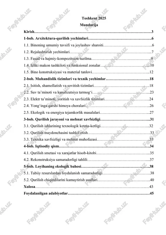 ‘rsatadi. mamlakatimizda mavjud bo‘lgan ko‘plab maktab binolari qurilganiga bir necha o‘n yillar bo‘lgani sababli, ularning texnik holati eskirgan, binolar energiya tejamkorligi, xavfsizlik va zamonaviy pedagogik talablar nuqtai nazaridan yetarli darajada mos emas. shu sababli, mavjud maktab inshootlarini rekonstruksiya qilish va modernizatsiya qilish masalasi bugungi kunda dolzarb va ahamiyatli vazifa hisoblanadi. maktab binosini rekonstruksiya qilishning asosiy maqsadi — mavjud inshootni zamonaviy me’yor va standartlarga moslashtirish, o‘quv jarayonining sifatini oshirish, energiya resurslarini tejash va ekologik xavfsizlikni ta’minlashdir. rekonstruksiya jarayonida nafaqat binoning tashqi ko‘rinishi va fasadi yangilanadi, balki ichki makon ham qayta tashkil etiladi. bu jarayon o‘quvchilar uchun qulay va ergonomik sinfxonalar, laboratoriyalar, kutubxona, sport zali, oshxona va boshqa xizmat xonalarini yaratishga imkon beradi. shu bilan birga, rekonstruksiya maktabning funksional tuzilmasini optimallashtiradi, o‘quv jarayoni samaradorligini oshiradi va o‘quvchilarning intellektual hamda jismoniy rivojlanishini qo‘llab-quvvatlaydi. kurs loyihasining vazifalari quyidagilarni o‘z ichiga oladi: 1. maktab binosining mavjud holatini tahlil qilish – arxitektura, konstruksiya va texnik jihatlarini …