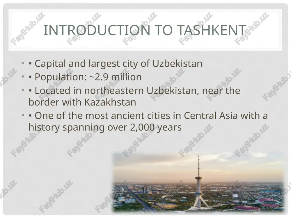 national programs tourism & attractions • must-see spots: chorsu bazaar, tashkent metro, alisher navoi opera house, minor mosque, tashkent tower • nearby day trips: charvak reservoir, chimgan mountains conclusion • tashkent is a city where ancient traditions meet modern innovation • a hub of culture, education, and economic growth in central asia • welcomes visitors with open arms and timeless charm “tashkent is not just a city — it’s a bridge between the past and the future.” image2.png image3.png image4.png image5.png image6.png image7.png image8.png image9.png /docprops/thumbnail.jpeg
