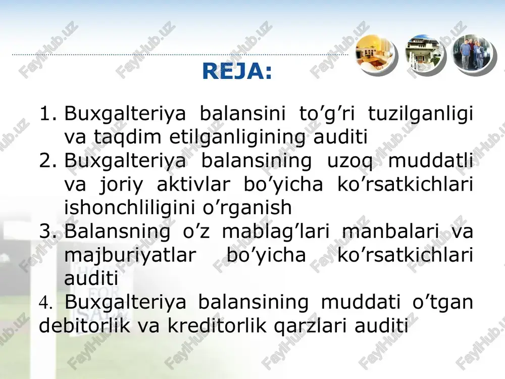 ish subektlari ishining yakunlari to’g’risidagi hisobotdir. mol-mulkning tarkibi yil boshiga yil oxiriga summa salmog’i % summa salmog’i % 1 2 3 4 5 1. uzoq muddatli aktivlar 189795 25,834 204781 23,08 2. joriy aktivlar shu jumladan: 544869 74,166 682577 76,92 a) tmzlari, kelgusi davr va muddati kechiktirilgan xarajatlar 474033 64,52 532948 60,06 b) pul mablag’lari va qisqa muddatli qo’yilmalar 7845 1,07 9531 1,07 v) debitorlar 548860 7,47 149523 16,85 balans aktivining jami 734664 100 887358 100 buxgalteriya balansi aktiv moddalari «1» yanvar 2023 yil holatiga (ming so’mda) [1] mol-mulkni tashkil topish manbaining tarkibi yil boshiga yil oxiriga summa salmog’i % summa salmog’i% 1 2 3 4 5 1.o’z mablag’larining manbalari 459877 62,597 735163 82,85 2. majburiyatlar shu jumladan: 274787 37,403 152195 17,15 a) uzoq muddatli majburiyatlar - - - - b) joriy majburiyatlar 274787 37,403 152195 17,15 balans passivining jami: 734664 100 887358 100 buxgalteriya balansini passiv moddalari «1» yanvar …