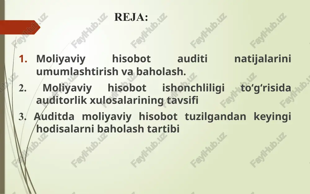 - auditorlik tekshiruvining shakli, o‘tkazish vaqti va hajmi to‘g‘risidagi yozuvlar; - auditorlik tekshiruvi natijalari bo‘yicha auditorning fikr- mulohazalari va yakuniy xulosalari; - auditorning fikr-mulohazalari va yakuniy xulosalarini asoslovchi dalillar to‘g‘risida ma’lumotlar. moliyaviy hisobot auditi natijalari quyidagi ikki hujjatda umumlashtiriladi: 1.oraliq auditorlik ma’lumotnomasi; 2.umumiy auditorlik ma’lumotnomasi. auditorlik ma’lumotnomasining mazmuni: - tekshiruv o‘tkazilgan joy, ma’lumotnoma tuzilgan sana (masalan, 2018 yil 10 mart, "a" aj materiallar hisobi bo‘limi, samarqand sh.,abay ko‘chasi, 13); - tekshiruv o‘tkazish uchun asos (auditorlik shartnomasi ro‘yxat raqami va sanasi, auditorlik tashkiloti rahbari(guruh rahbari) buyrug‘i, audit rejasi va dasturi); - auditorlik tekshiruvishakli va uni o‘tkazish davri (majburiy, tashabbus tarzidagi va nazorat qiluvchi yoki huquqni muhofaza qiluvchi organlar tashabbusiga ko‘ra audit,tekshiriladigan hisobot davri); - tekshiruvni o‘tkazgan auditor(yordamchi auditor va ekspert)lik guruhi a’zolarining familiyasi, ismi, otasining ismi va lavozimi; - tekshirilayotgan obyektga mas’ul rahbarning familiyasi, ismi, otasining ismi va lavozimi; - tekshirilayotgan korxonaning ta’sis hujjatlariga ko‘ra yuridik shaxsning to‘liq nomi, tekshiruv davrida …