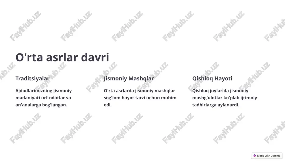 inchi bosqich sport musobaqalari urf-odat sifatida o'tkazilgan. ikkinchi bosqich tomoshabinlar orasida raqobat yo'nalishlari rivojlanar edi. uchinchi bosqich g'oliblar taqdirlash tadbirlarida taqdirlangan. 8 o'rta asrlarda jismoniy tarbiya asoslari faoliyat turi ta'lim rol mashqlar ruhiy va jismoniy kuchni oshirish o'z-o'zini tarbiyalash sport musobaqalari ijtimoiy tadbirlar ijtimoiy aloqalarni rivojlantirish 9 xulosa va tavsiyalar 1 madaniy meros jismoniy madaniyat urf-odatlar orqali avlodlarga o'tkaziladi. 2 g'oyalar jismoniy tarbiya sohasida yangi g'oyalar mavjud. 3 zamonaviy takliflar o'rta asrlarni o'rganish asosida zamonaviy sportlarni rivojlantirish mumkin. 10 image-1002-1.png image-1002-2.png image-1-1.png image-1003-1.png image-1003-2.png image-1004-1.png image-1004-2.png image-3-1.png image-1005-1.png image-1005-2.png image-4-1.png image-4-2.png image-1006-1.png image-1006-2.png image-5-1.png image-1007-1.png image-1007-2.png image-6-1.png image-1008-1.png image-1008-2.png image-7-1.png image-1009-1.png image-1009-2.png image-8-1.png image-8-2.png image-8-3.png image-8-4.png image-1010-1.png image-1010-2.png image-9-1.png image-1011-1.png image-1011-2.png image-10-1.png @ made with gamma @ made with gamma @ made with gamma @ made with gamma @ made with gamma @ made with gamma @ made with gamma @ made with gamma @ made with gamma @ made …