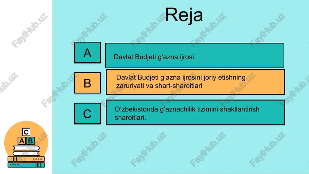 yudjetlari budjet tizimida turli darajalarda shakllanadigan byudjetlar: davlat, viloyat, tuman, shahar, mahalliy. bu borada davlat moliyasini boshqarish va tashkil qilishning oldida qanday vazifalar turganini ta’kidlab o’tish o’rinli, ular: muvozanatlashtirilgan bozorga kirib borishda barqaror taraqqiyotga erishish maqsadida maksimal darajada moddiy va moliyaviy rezervlarni qidirib topish; ijtimoiy-iqtisodiy rivojlanish istiqbollari va maqsadli dasturlarning samarali bajarilishini ta’minlovchi byudjet daromadlarining umumiy hajmini to’g’ri belgilash; umumdavlat ahamiyatiga ega bo’lgan barcha tadbirlarni uzluksiz moliyalashtirish ehtiyojini inobatga olgan holda, davlat byudjeti xarajatlari umumiy hajmini to’g’ri belgilash va ularni optimallashtirish; -iqtisodiyotdagi inflyatsion tendentsiyalar va pul-kredit nobarqarorligini bartaraf etishga, milliy pul birligining barqarorligi ta’minlashga qaratilgan moliyaviy barqarorlashtirish dasturlarini davlat byudjet siyosati chora-tadbirlari bilan muvofiqlashtirish; - iqtisodiy jihatdan maqsadga muvofiq bo’lgan noinflyatsion manbalar hisobidan byudjet defitsitiga barham berish yoki uni qisqartirish; - iqtisodiy mintaqalar, xo’jalik sohalari va byudjetlar o’rtasida davlat daromadlarini qayta taqsimlash yo’li bilan turli darajadagi byudjetlarni balanslashtirish maqsadida byudjetni oqilona tartibga solishni amalga oshirish; - keng ko’lamli ijtimoiy-iqtisodiy dasturlarning …