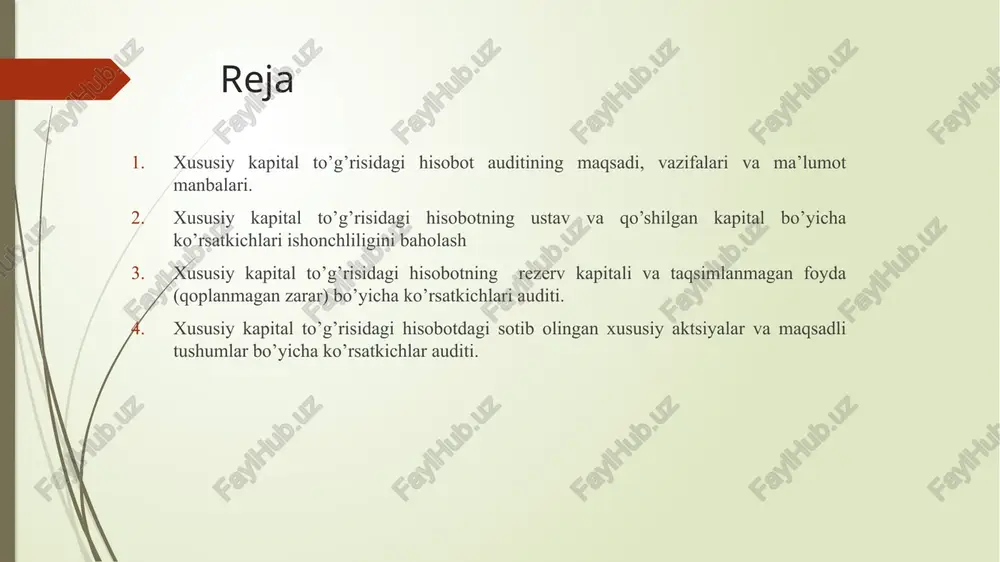 a to’liq hisob-kitoblar qilinganligini tekshirish buxgalteriya (moliyaviy) hisobotning ishonchliligini tasdiqlash ustav kapitaliga ulushlari bo’yicha kiritilayotgan moddiy qiymatliklarning baholanishi, ularning to’g’riligi va hisob-kitoblarning asoslanganligini tekshirish. . xususiy kapitalni tekshirish chog’ida ma’lumot manbalarining tarkibi xususiy kapital to’g’risidagi hisobotning ustav va qo’shilgan kapital bo’yicha ko’rsatkichlari ishonchliligini baholash xususiy kapitalning dastlabki elementlari bu ustav kapitali va qo’shilgan kapital hisoblanadi. ustav kapitali bu ta’sis xujjatlarida belgilangan hissalarning yigindisidir. ustav kapitaliga hissa shaklida kushiladigan moddiy va nommoddiy aktivlar ta’sischilar kelishuviga yoki yuridik shaxs ijrochi organining qaroriga ko’ra baholanadi shu sababli auditor ustav kapitalini tekshirish davomida ustav kapitalini hisobga oluvchi schyotlar (8300) ning bog’lanishini tekshirishi lozim bo’ladi. ustav kapitalini hisobga oluvchi schyotlar (8300)ning bogʻlanishini tekshirish t/r xoʻjalik muomalalarining mazmuni schyotlarning bogʻlanishi debet kredit 1 taʼsis hujjatlarida koʻzda tutilgan summada, (korxona roʻyxatdan oʻtkazilgandan keyin) ustav kapitali tasdiqlandi 4610 8310-8330 2 foydaning bir qismi ustav kapitalini koʻpaytirishga yoʻnaltirildi: a) hisoblangan dividendlar miєdorida b) ustav kapitalini koʻpaytirishga yoʻnaltirilgan foyda miєdorida …
