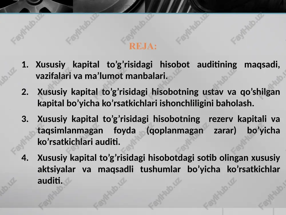 gan moddiy qiymatliklarning baholanishi, ularning to’g’riligi va hisob-kitoblarning asoslanganligini tekshirish xususiy kapitalning dastlabki elementlari bu ustav kapitali va qo’shilgan kapital hisoblanadi. ustav kapitali bu ta’sis xujjatlarida belgilangan hissalarning yigindisidir. ustav kapitaliga hissa shaklida kushiladigan moddiy va nommoddiy aktivlar ta’sischilar kelishuviga yoki yuridik shaxs ijrochi organining qaroriga ko’ra baholanadi shu sababli auditor ustav kapitalini tekshirish davomida ustav kapitalini hisobga oluvchi schyotlar (8300) ning bog’lanishini tekshirishi lozim bo’ladi. auditor korxona ustavi bilan tanishish chog’ida unda quyidagilar ko’rsatilganliini aniqlaydi: korxonaning o’ziga xos hususiyatlari va tashkiliy-huquqiy shaklini ifodalaydigan nomi; korxonaning davlat ro’yxatidan o’tkaziladigan, joylashgan o’rni; ustav kapitalining ko’lami va uning barcha ta’sischilar o’rtasida ulushlarga taqsimlanishi; korxonaning maqsadi va faoliyat turlari; ijro organlarini saylash yoki tayinlash tartibi; korxona boshqaruv organining tarkibi va vakolatlari hamda ular tomonidan qaror qabul qilish tartibi; dividendlar taqsimlash tartibi; amaldagi qonunchilikda ko’zda tutilgani hamda ta’sischilar bilan kelishilgan, lekin qonunchilikka zid kelmaydigan boshqa zarur masalalar. xususiy kapital hisobini yuritishda yuzaga keladigan xatoliklar …