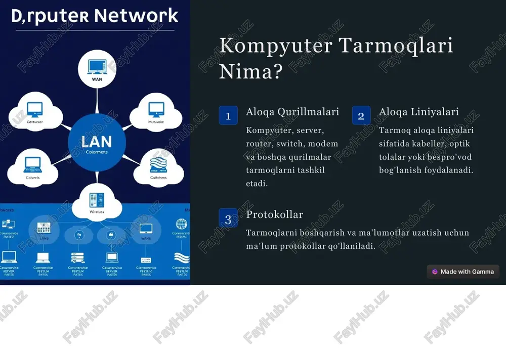 metronetlarni yaratish va saqlash uchun katta mablag' sarflanadi. internet tarmog'i va uning rivojlanishi 1 arpanet 1960-yillar - ilk kompyuter tarmoqlari paydo bo'ldi. 2 internet 1970-1980-yillar - turli tarmoqlar birlashib, global internet tarmog'i shakllandi. 3 rivojlanish 1990-yillardan boshlab internet juda tez rivojlandi, yangi xizmatlar va protokollar paydo bo'ldi. tarmoq texnologiyalari: kabel, sim, optik tolali kabel copper kabel asosida ishlaydi, masofasi cheklangan. sim sim orqali qo'llaniladi, masofasi keng, mobil. optik tolali optik tolalar orqali uzok masofaga tezkor aloqa. kelgusi avlod tarmoqlari: 5g, iot, bulutli texnologiyalar 5g tarmoqlari juda yuqori tezlik, past kechikish, katta sig'im internet of things (iot) barcha qurilmalar o'zaro ulangani, ma'lumotlar keng miqyosda to'planadi bulutli texnologiyalar hisoblash va saqlash resurslarini tarmoq orqali yetkazib berish image1.jpg image2.png image3.png image4.jpg image5.jpg image6.jpg image7.jpg image8.jpg image9.jpg image10.jpg % made with gamma d,rputer network la contuisier lan colormerts cuitchess wireluss owineenice se © | | os & = «a -ecunervice conmernice conurenwice cerurrenvice conynerrvice …