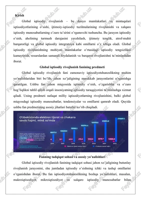 arqli o’laroq, global miqyosda iqtisodiy o’zgarishlarni tizimli ravishda tahlil qiladi. tadqiqot sohasi quyidagi asosiy yo’nalishlarni qamrab oladi: - jahon iqtisodiy tizimining strukturasini o’rganish: bu yo’nalish jahon xo’jaligining asosiy komponentlari – rivojlangan mamlakatlar (masalan, aqsh, yevropa ittifoqi davlatlari), rivojlanayotgan mamlakatlar (masalan, xitoy, hindiston) va tranzitsion iqtisodiyotlar (masalan, sobiq sovet ittifoqi mamlakatlari) o’rtasidagi munosabatlarni tahlil qiladi. masalan, jahon xo’jaligida rivojlangan mamlakatlarning texnologik ustunligi va rivojlanayotgan mamlakatlarning resurs bazasi o’rtasidagi o’zaro bog’liqlik tadqiq etiladi. amaliy misol sifatida, xitoyning «bir kamar – bir yo’l» tashabbusi orqali osiyo va afrika mamlakatlari bilan savdo aloqalarini kengaytirishi ko’rsatilishi mumkin. bu tashabbus 2013-yildan beri amalga oshirilib, 150 dan ortiq mamlakatni qamrab olgan va global savdo hajmini oshirishga hissa qo’shgan. - iqtisodiy o’sishning global omillarini aniqlash: fan tadqiqot sohasi iqtisodiy o’sishga ta’sir etuvchi global omillarni, shu jumladan texnologik innovatsiyalar, kapital oqimi va demografik o’zgarishlarni o’rganadi. masalan, sun’iy intellekt va raqamli iqtisodiyotning rivojlanishi jahon xo’jaligiga ta’siri tahlil qilinadi. amaliy misolda, …