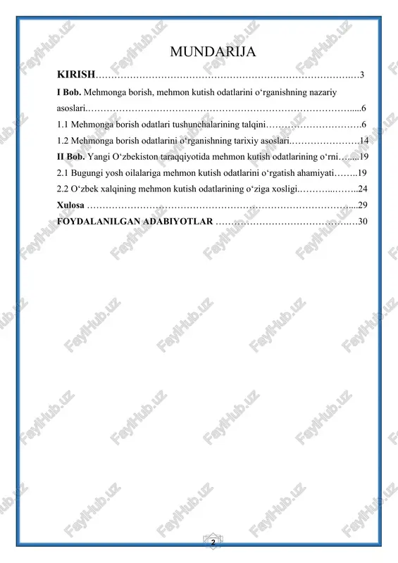 da yoritgan tadqiqotlar juda oz. shu sababli bu kurs ishi mavzuning chuqurroq tahliliga hissa qo‘shadi, deb hisoblaymiz. kurs ishi mavzusining obyekti: o‘zbek xalqining madaniy hayoti va ijtimoiy urf-odatlari, xususan, mehmon kutish, mehmonga borish va nonushta qilish odatlari. kurs ishi mavzusining predmeti: mehmonga borish, mehmon kutish va nonushta qilish odatlarining tarixiy asoslari, zamonaviy ko‘rinishlari va tarbiyaviy ahamiyati. kurs ishining maqsadi: kurs ishining asosiy maqsadi — o‘zbek xalqining mehmonga borish, mehmon kutish va nonushta qilish odatlarini nazariy hamda amaliy nuqtai nazardan o‘rganish, bu odatlarning tarixiy ildizlarini ochib berish, ularning hozirgi kunda oilaviy hayotdagi o‘rnini aniqlash va yosh avlod tarbiyasida tutgan o‘rnini baholashdan iborat. kurs ishining vazifalari: ushbu maqsadga erishish uchun quyidagi vazifalar belgilab olindi: · mehmonga borish va mehmon kutish odatlarining mohiyatini tushuntirish; · ushbu odatlarning tarixiy manbalarini o‘rganish; · mehmon kutish odatlarining bugungi kundagi ko‘rinishlarini tahlil qilish; · yangi o‘zbekiston sharoitida ushbu odatlarning yosh oilalar hayotidagi ahamiyatini aniqlash; · bu odatlarni …